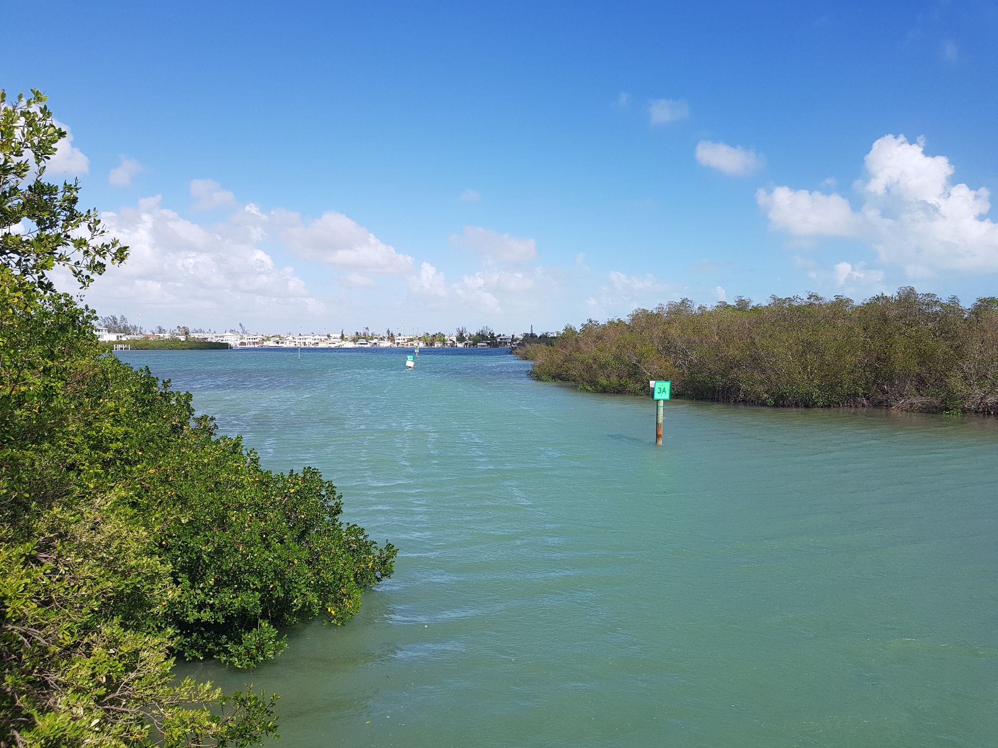 Bright blue waterway between lush green mangroves, distant boats, sunny. - Key West International Airport loop from Stock Island