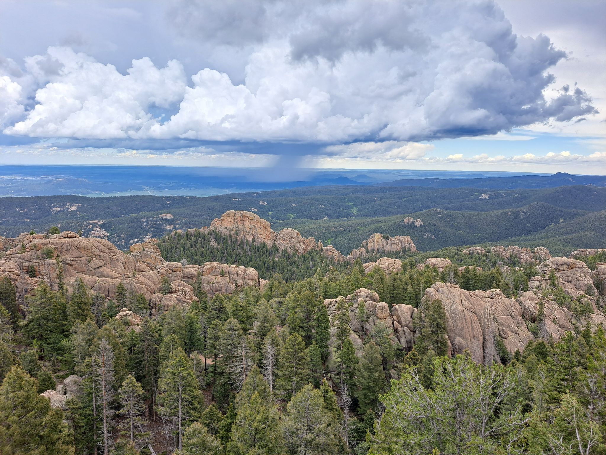 Vast forested landscape with rock formations under a cloudy sky, distant rain. - Devil's Head Trail
