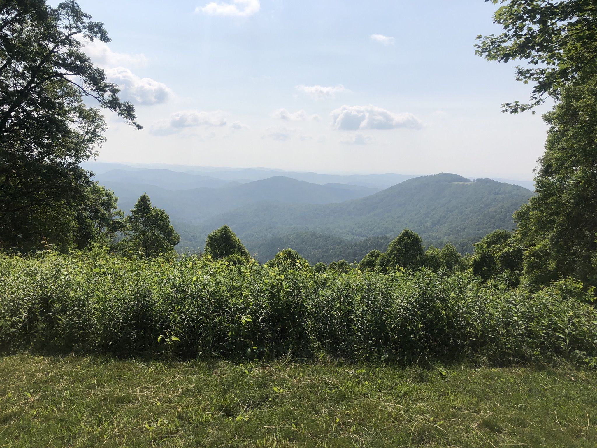 Lush green mountains and rolling hills under a bright, partly cloudy sky. - Jumpinoff Rock Trail