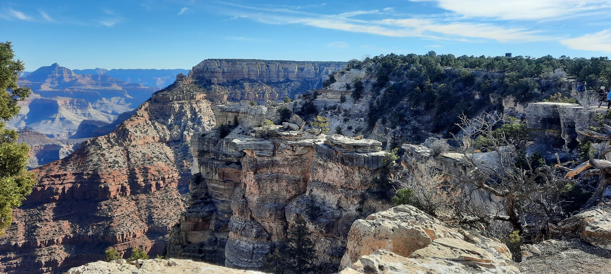 Rocky canyon rim with green trees under a partly cloudy sky. - Rim Trail: Mather Point to Yavapai Point