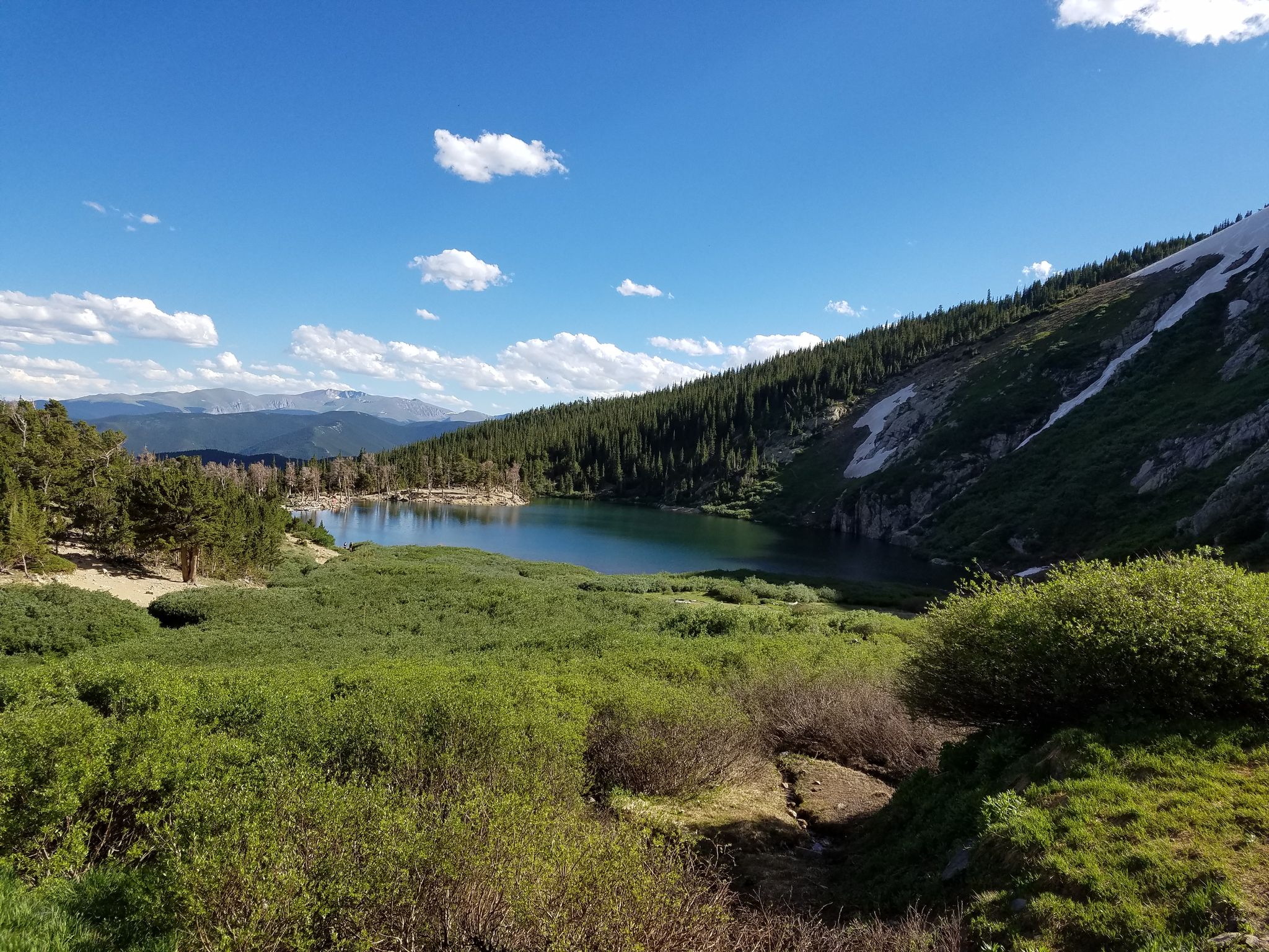 Sunny alpine lake surrounded by green bushes, pine trees, and snowy mountains. - St. Mary's Glacier Trail