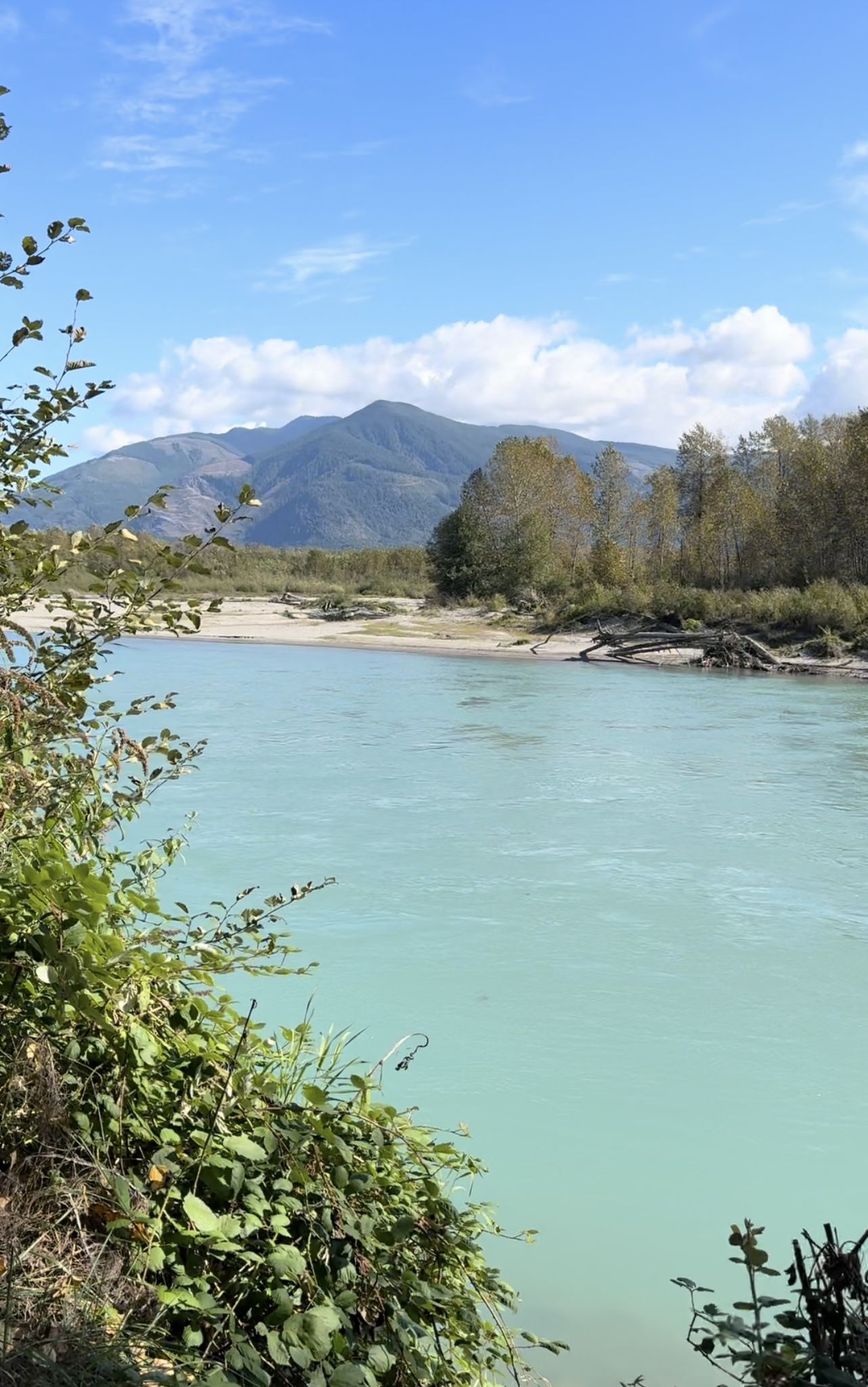 A turquoise river flows past sandy banks with mountains in the distance. - Cascade Trail