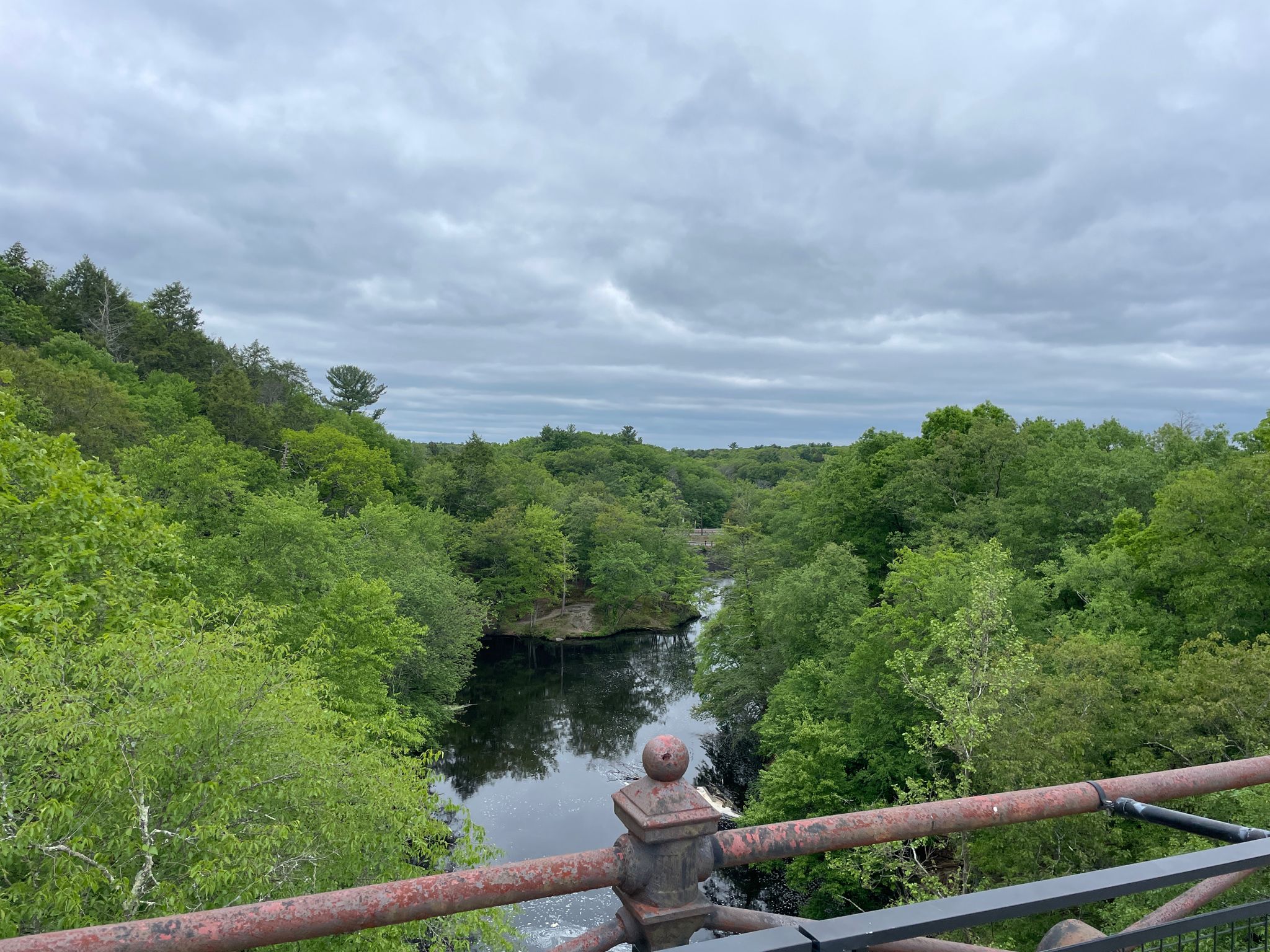 Overcast view of a winding river through dense green forest from a bridge. - Sudbury Aqueduct Path