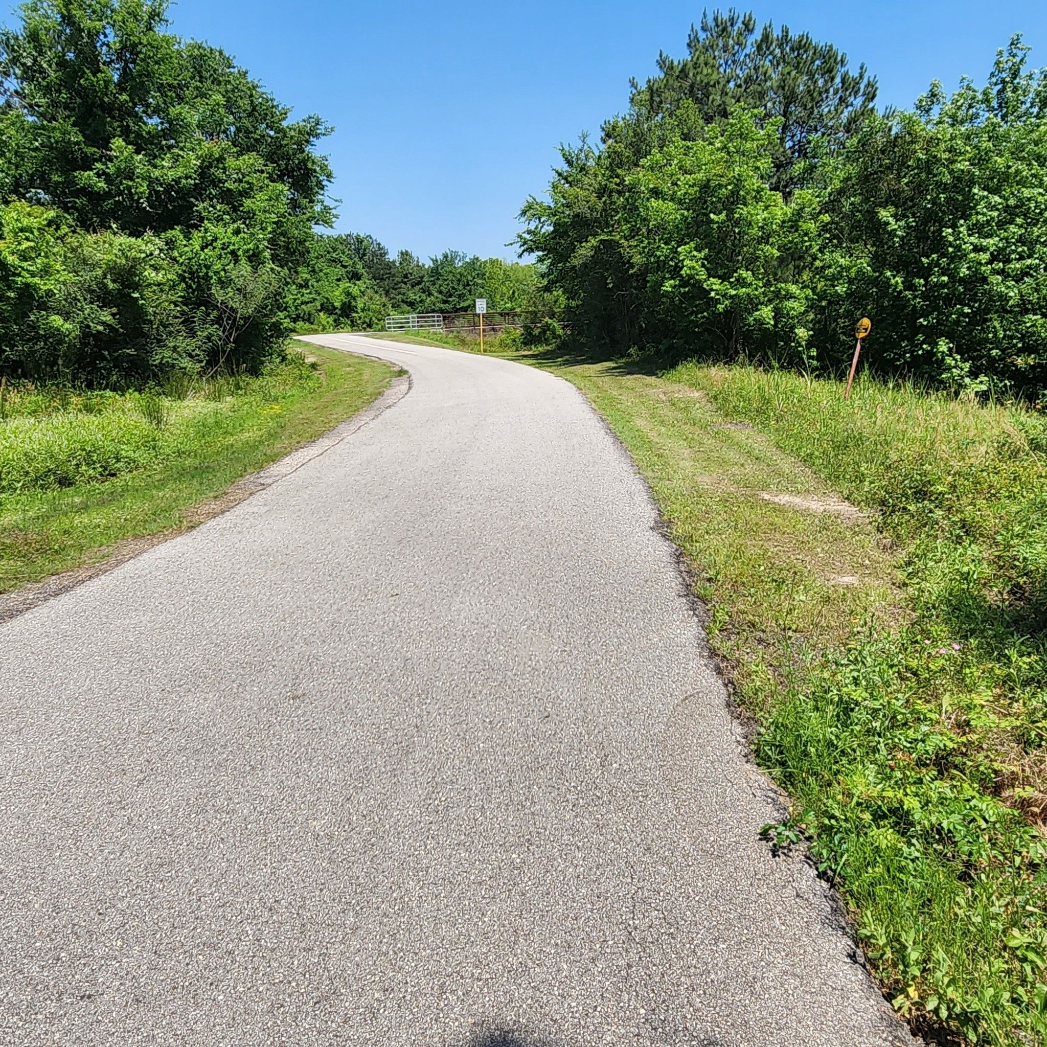 Paved path curving through green foliage under a bright blue sky. - Spring Creek Greenway Trail