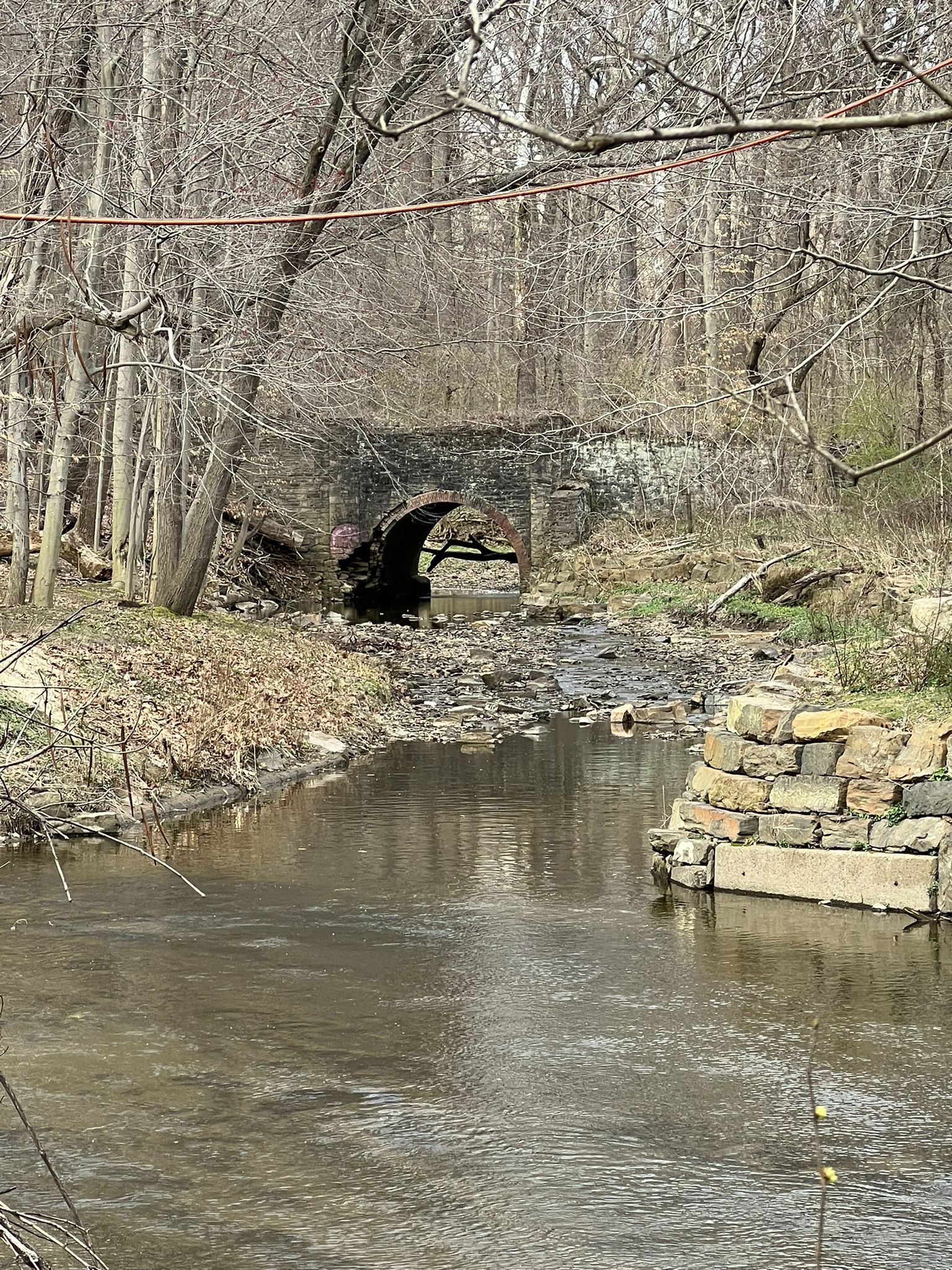 A stream flows under a stone arch bridge in a bare winter forest. - Pennypack Trail Loop