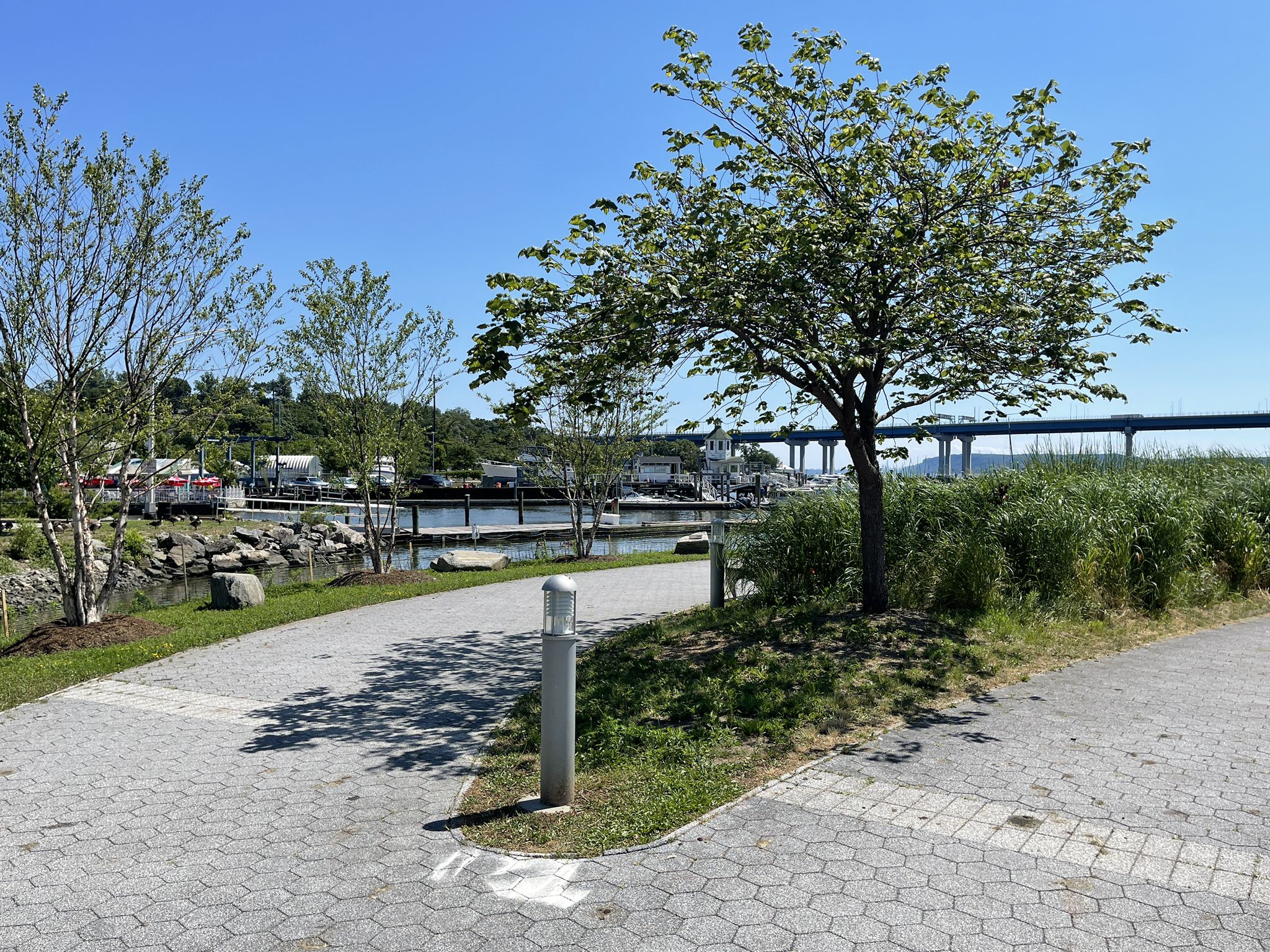 Paved path by water with trees, distant bridge, under bright sun. - Pierson Park and Tarrytown Riverwalk Loop