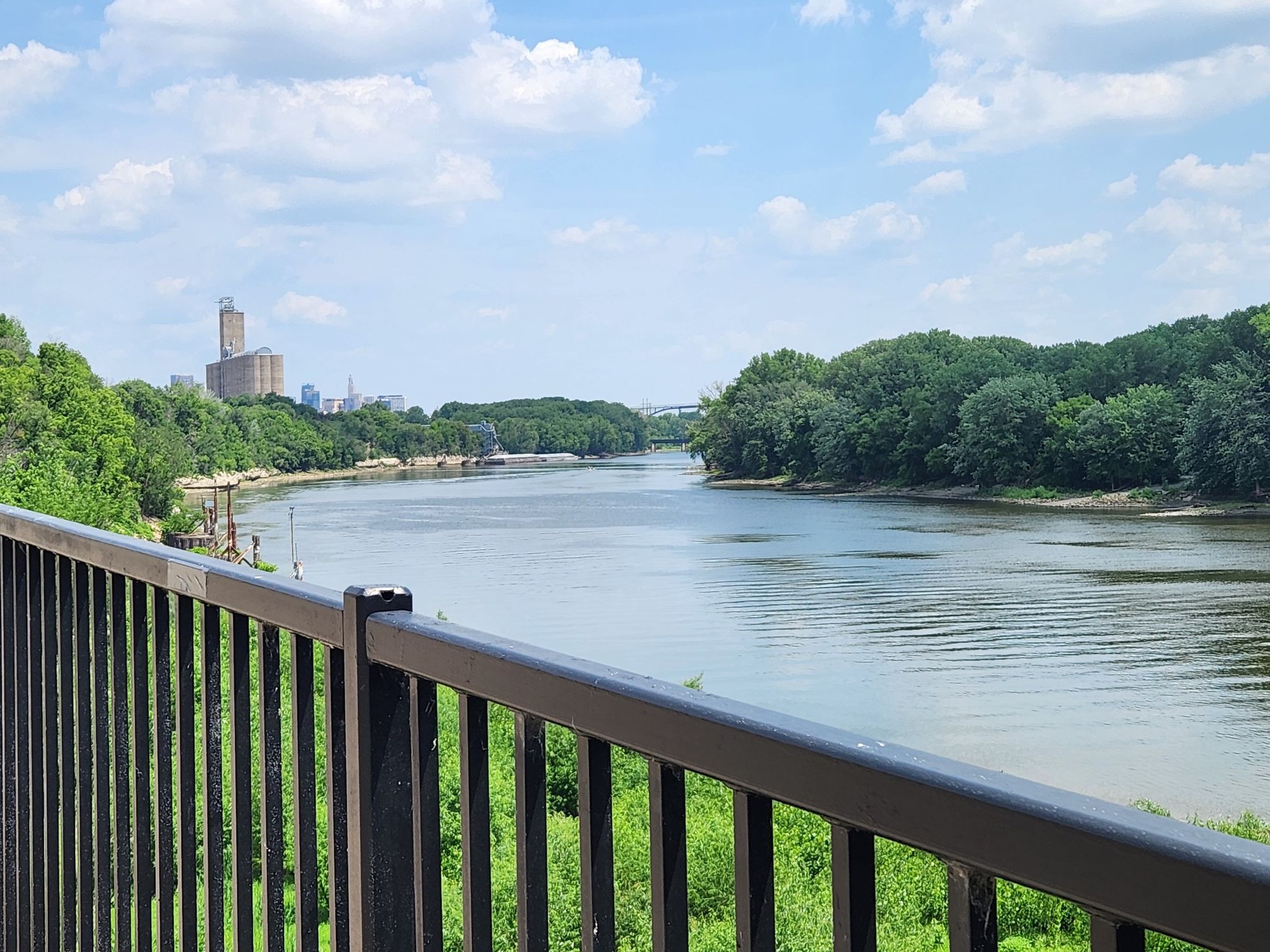 View of a wide river and distant city skyline from behind a black railing. - Saint Paul Grand Round