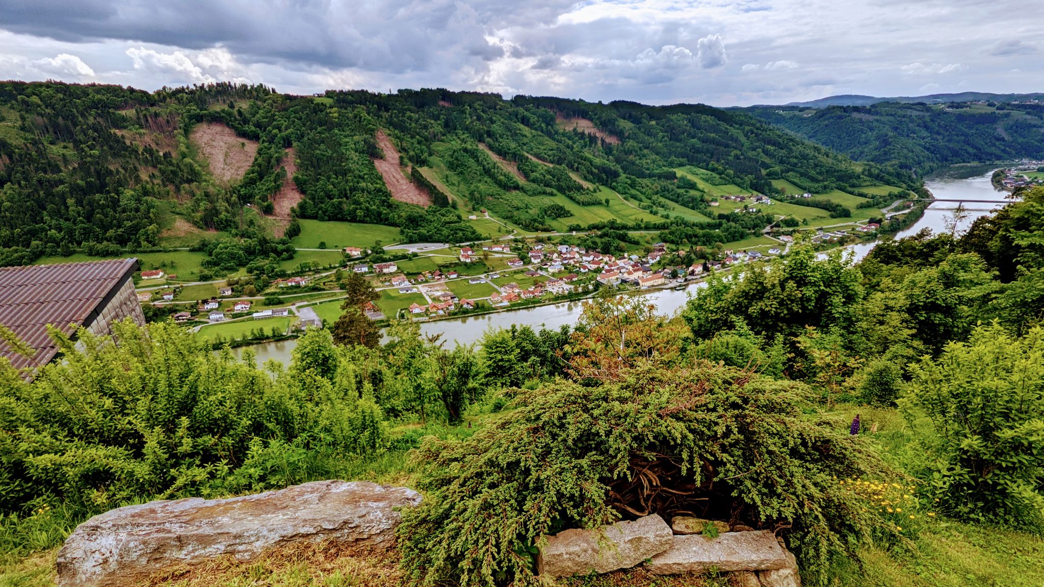 Blick runter auf die Donau und Wesenufer in der Nähe von Marsbach