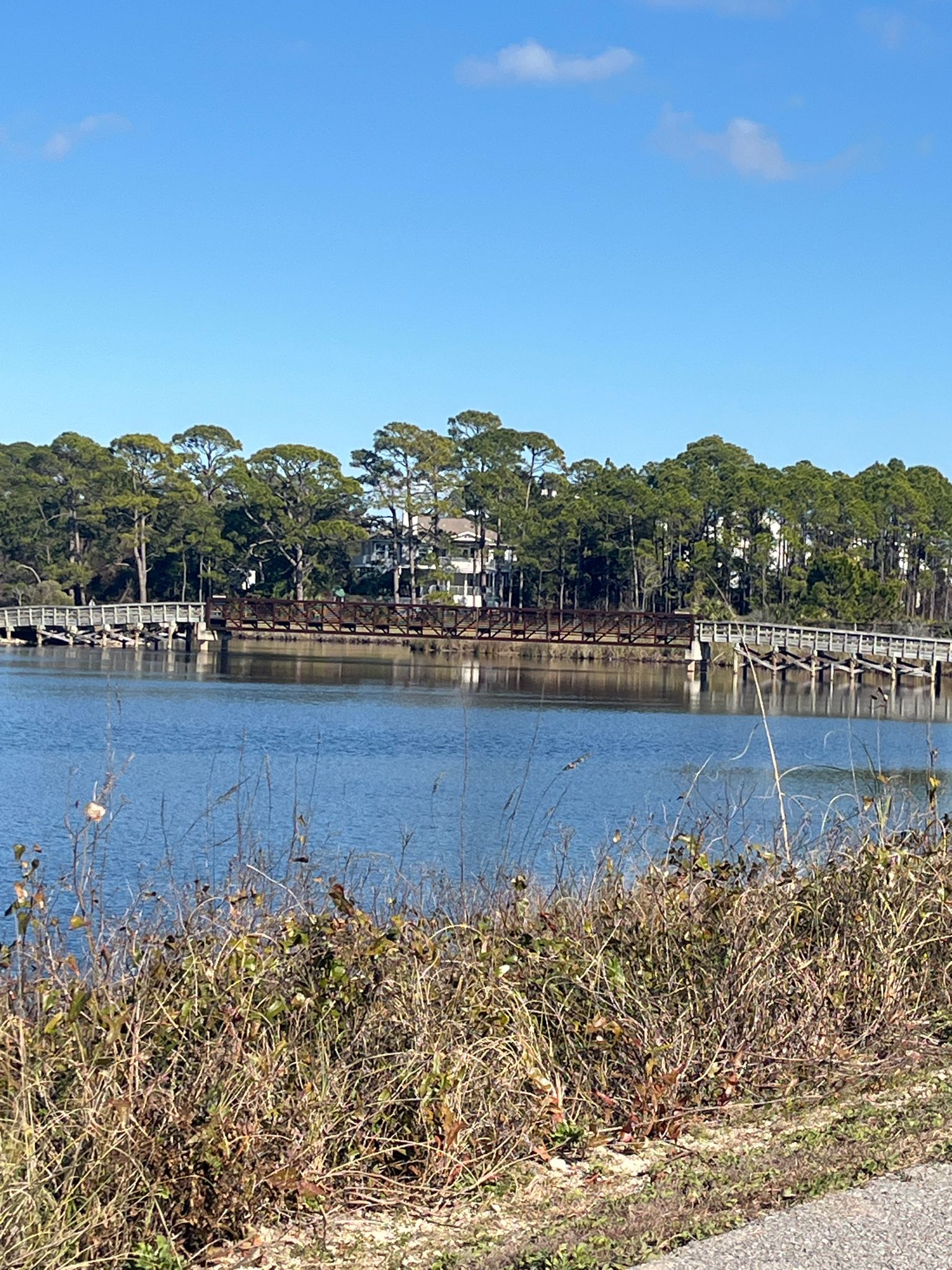 A calm lake with distant bridges and trees under a clear blue sky. - Bench With Lake View – Private Beach loop from Jolee Island