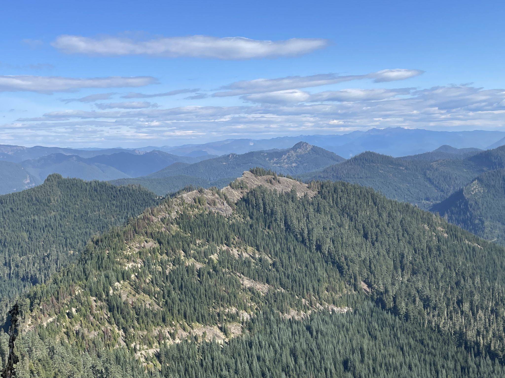 Expansive view of forested mountains and valleys under a partly cloudy sky. - High Rock Lookout via Cora Lake and Big Creek Trail