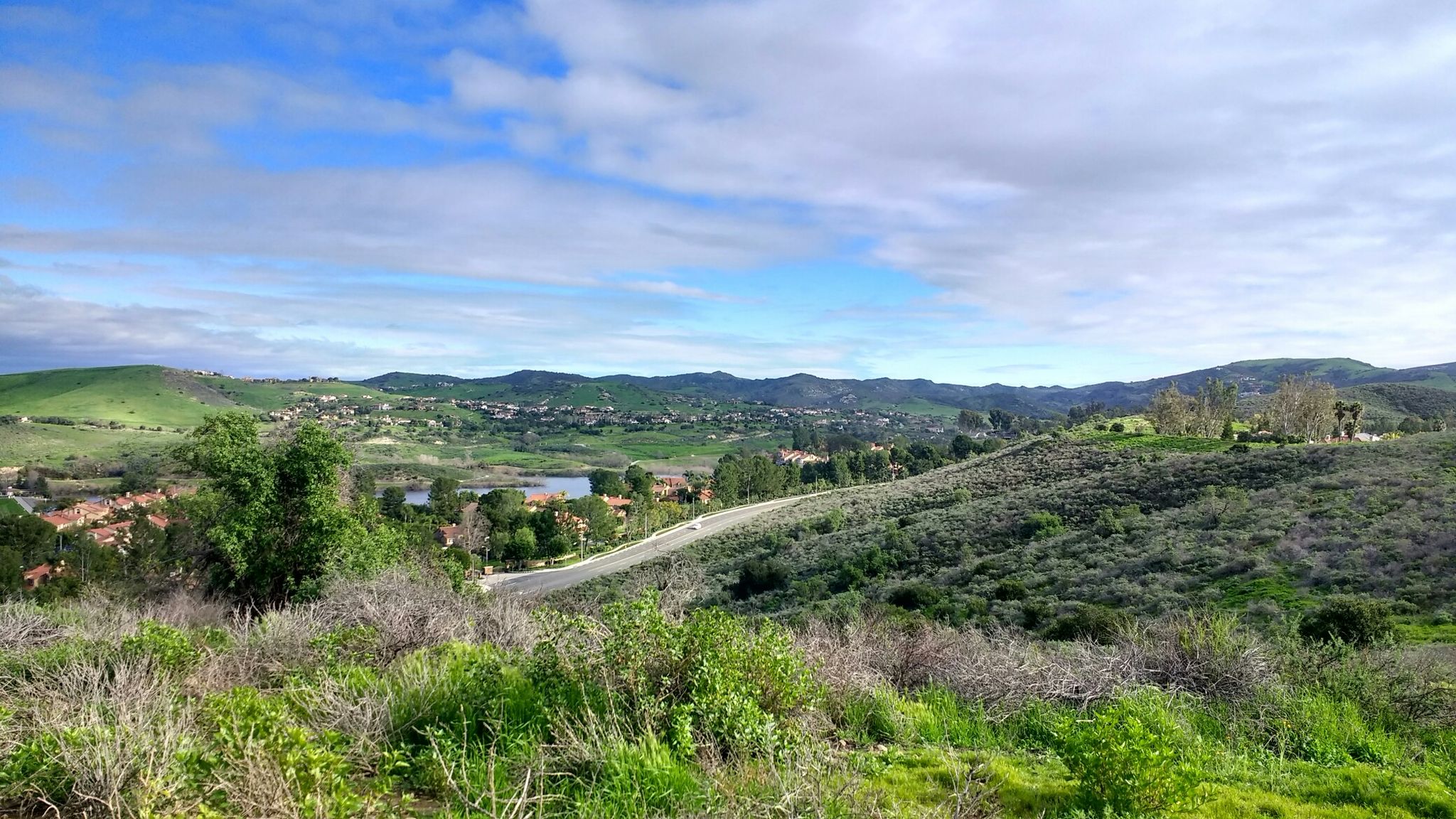 Rolling green hills, a road, lake, and houses under a partly cloudy sky. - French Hill loop from Concordia University, Irvine
