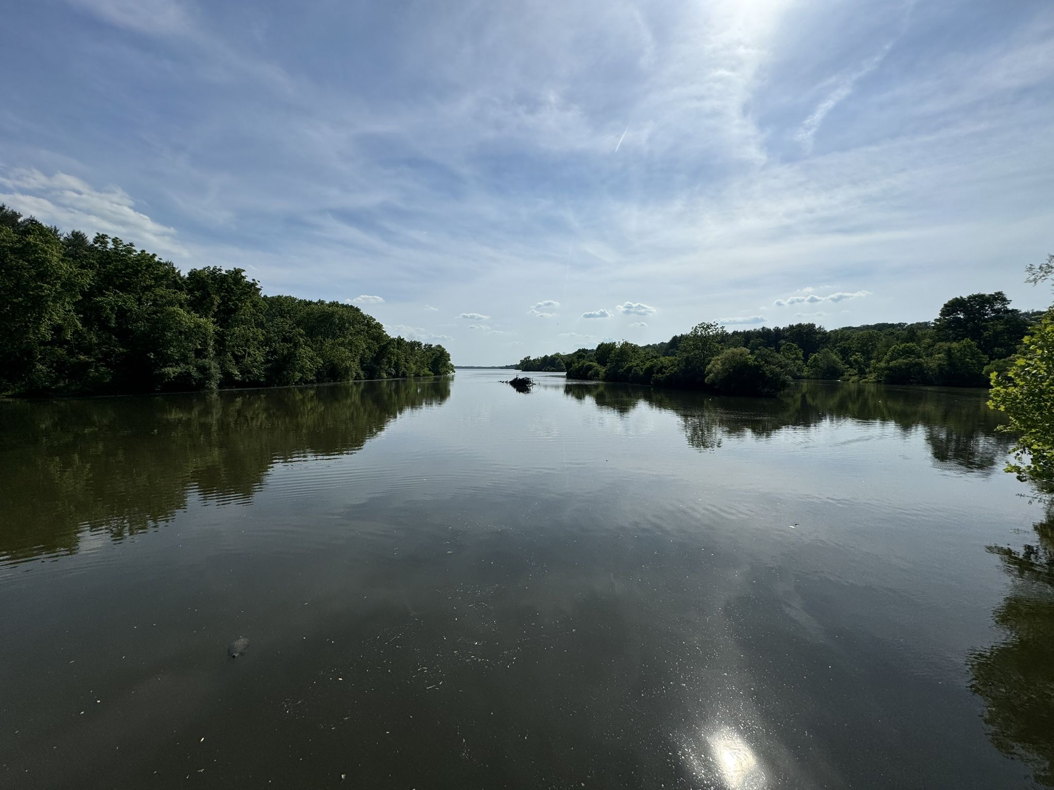 Wide river with distant wooded banks under a bright, sunny sky. - Lake Nockamixon loop from New Britain Township
