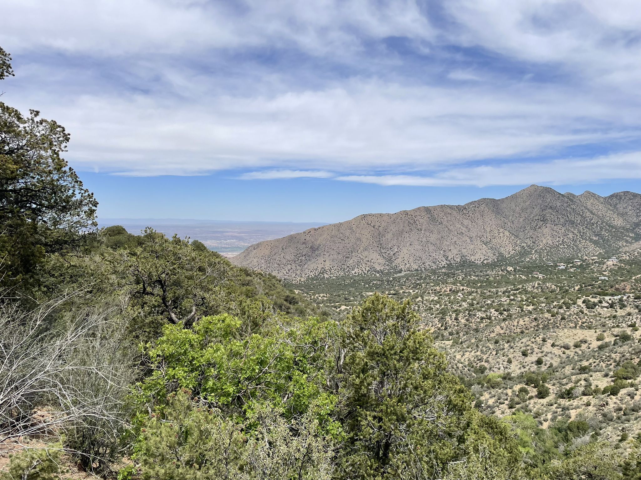 Mountainous landscape with green trees, a distant valley, and a partly cloudy sky. - Piedra Lisa Trail