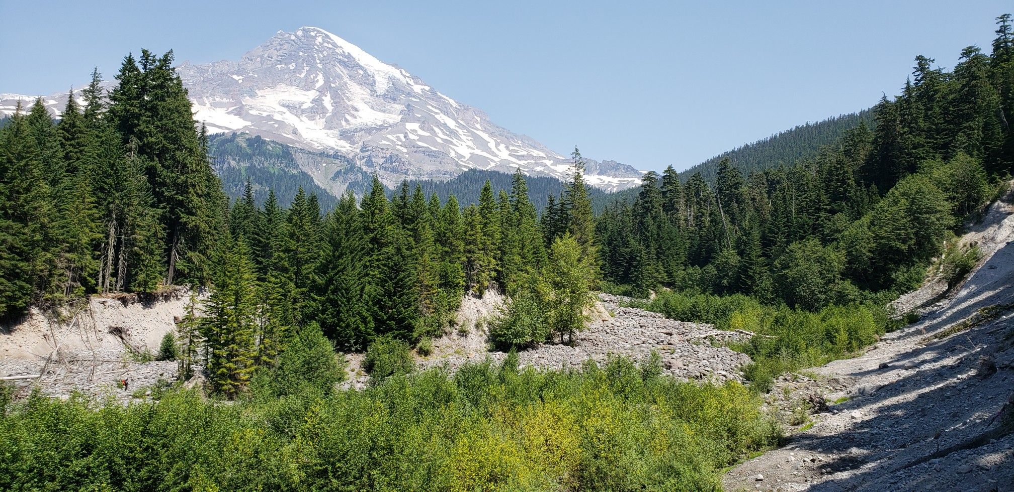 Snowy mountain peak overlooking a rocky valley with green trees. - Indian Henry's Hunting Ground via Longmire