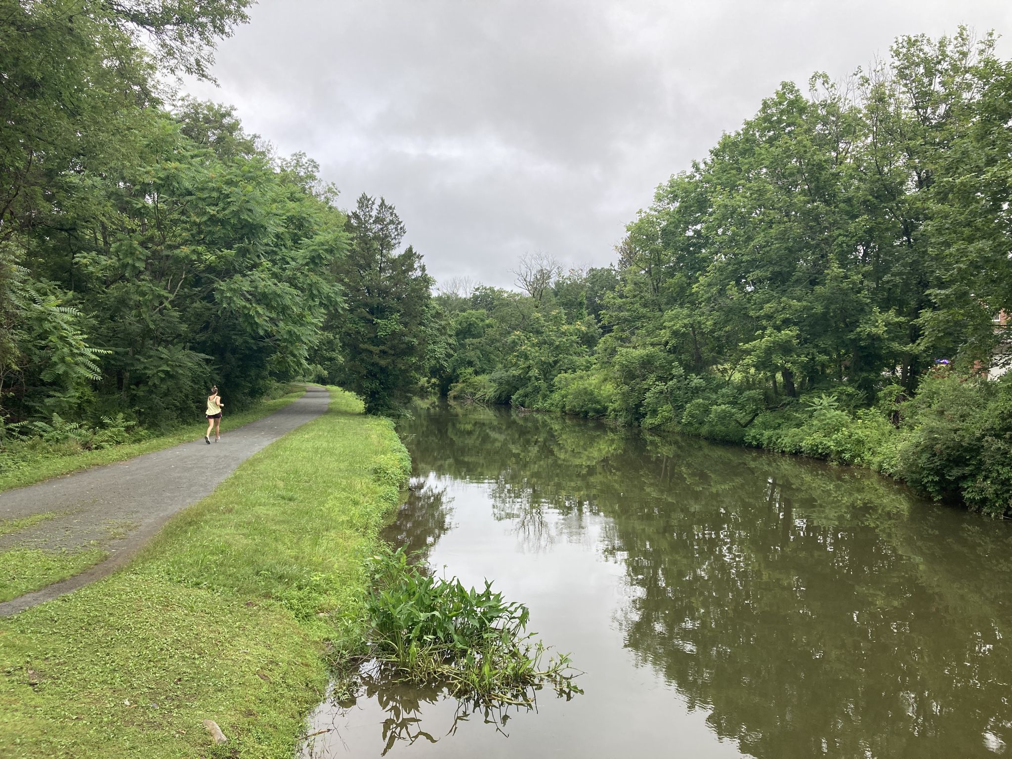 A person runs on a dirt path beside a calm canal lined with green trees. - Washington Crossing Bridge – Canal Bridge to the 1799 House loop from Trenton