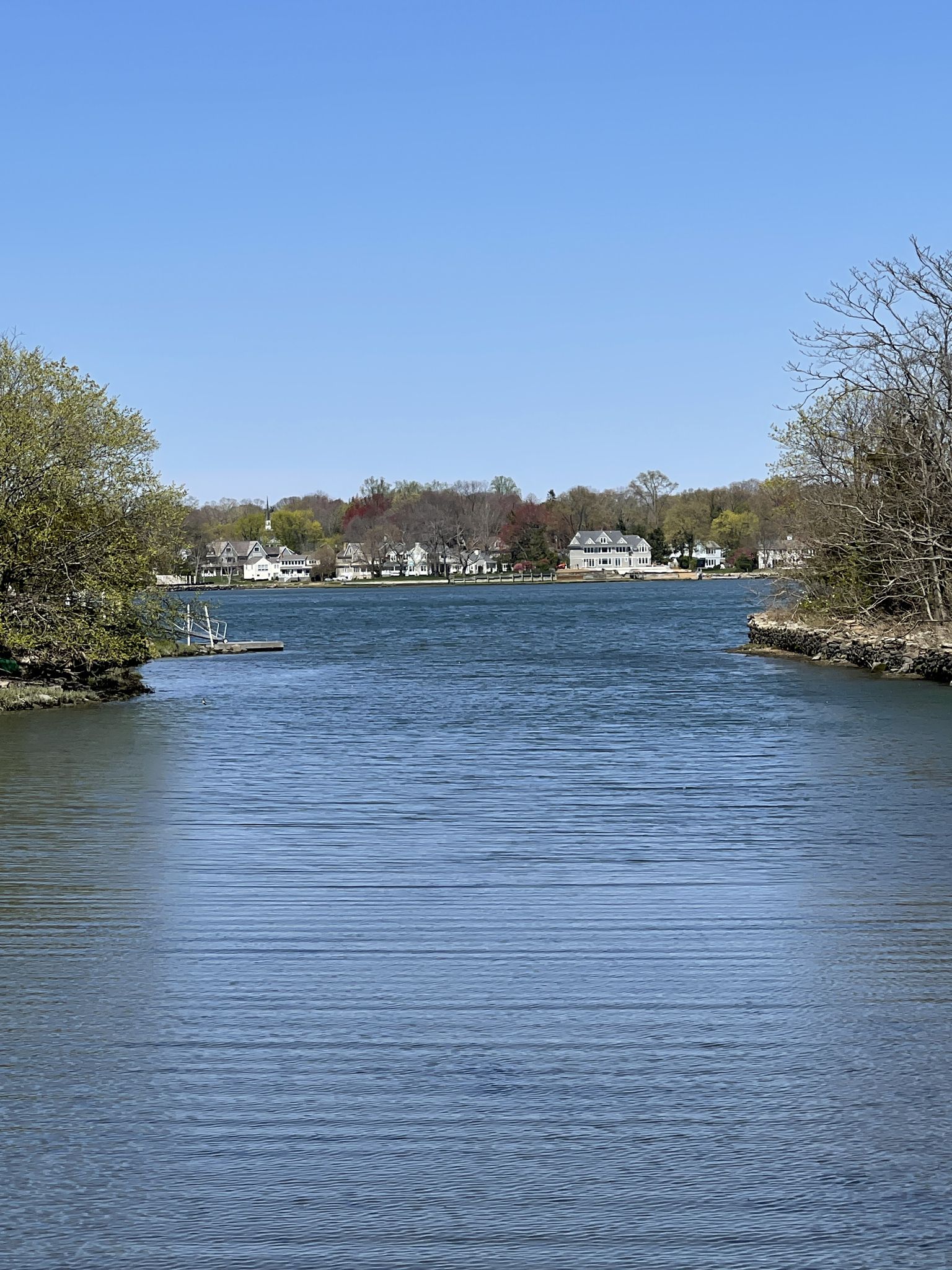 Calm blue waterway with distant houses under a clear sky. - East Coast Greenway: Old Greenwich and Cove Island