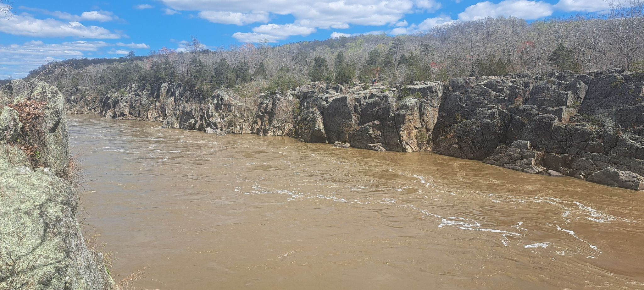 Wide, muddy river flowing past rocky cliffs under a blue sky. - Great Falls Park from Difficult Run