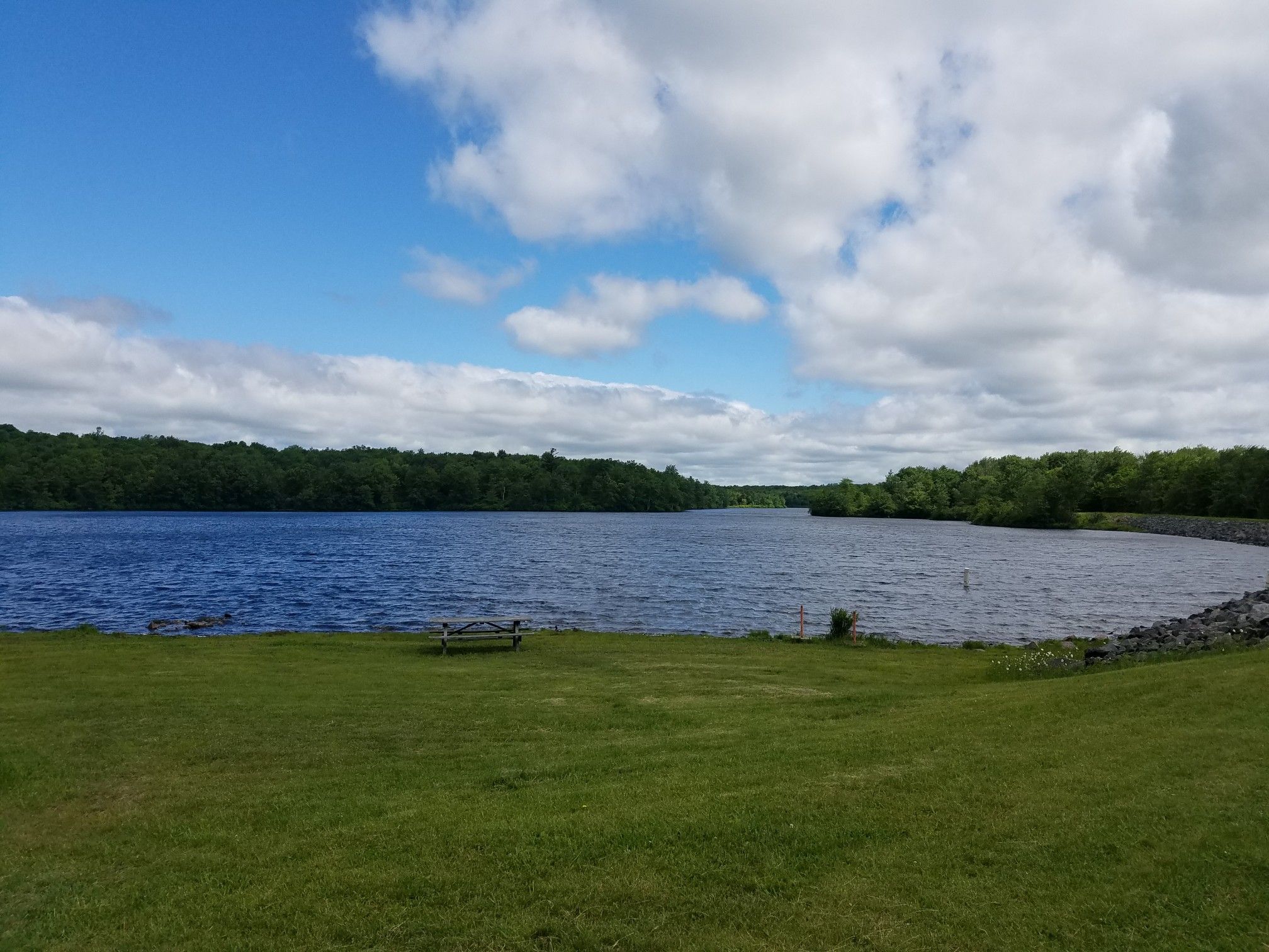 A lake with forested shores, green lawn, and a picnic table. - Tobyhanna Lake – Tobyhanna Lake loop from Mount Pocono