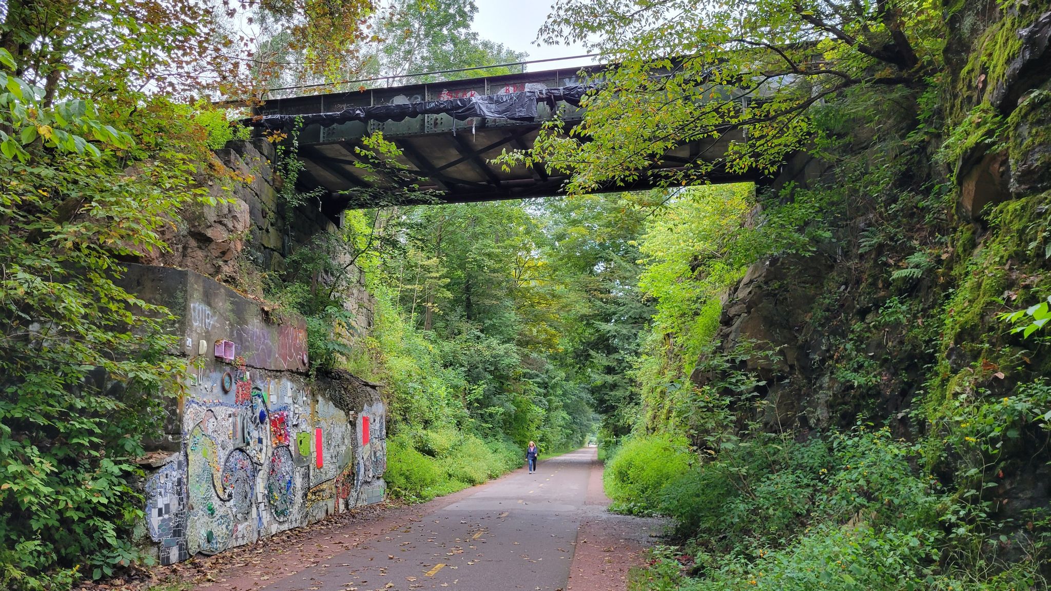 Paved trail passing under a bridge, with graffiti on rocky walls and green foliage. - Burlington Greenway loop from Howard Mortuary Chapel