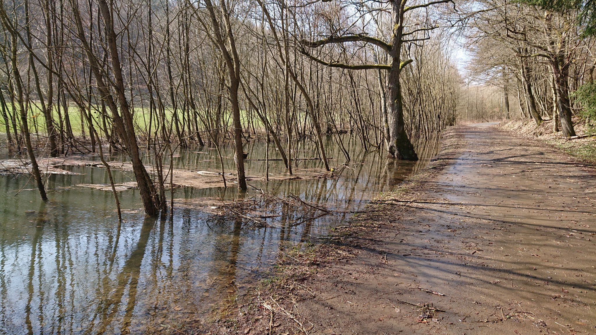 Aufgestauter Hochwasserschutz-Staudamm bei Weidenhausen, mit überflutetem Radweg: Blick zurück