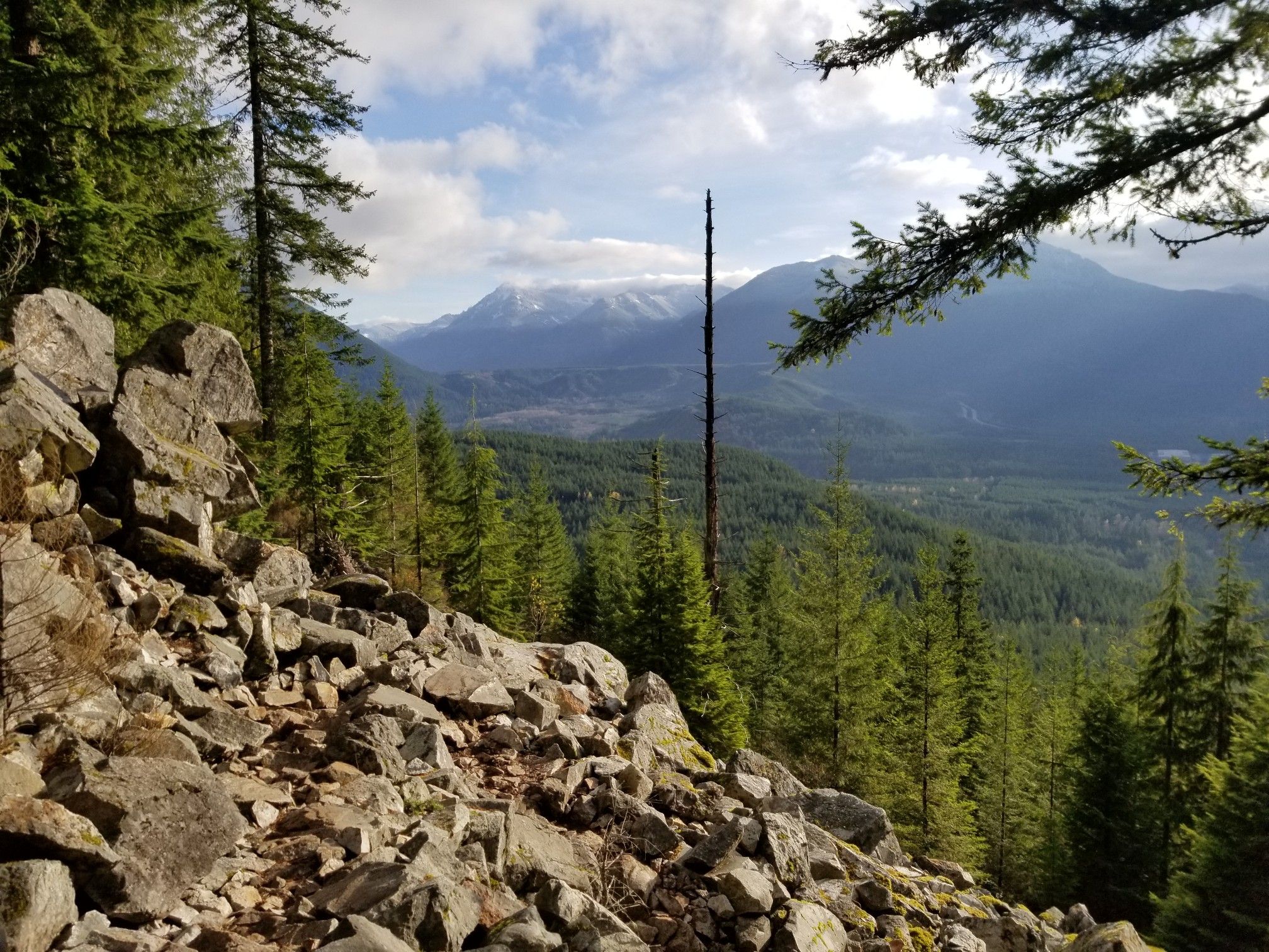 Rocky slope with evergreen trees, distant snow-capped mountains under a bright sky. - Teneriffe Falls Trail