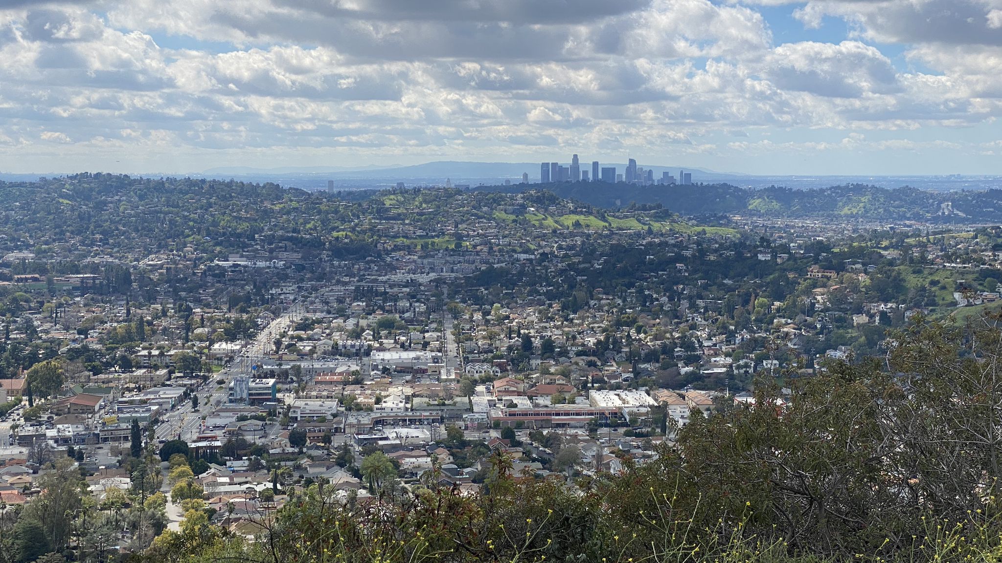 Expansive city view from a hill, with a distant skyline under cloudy skies. - Scholl Canyon Fire Road Loop