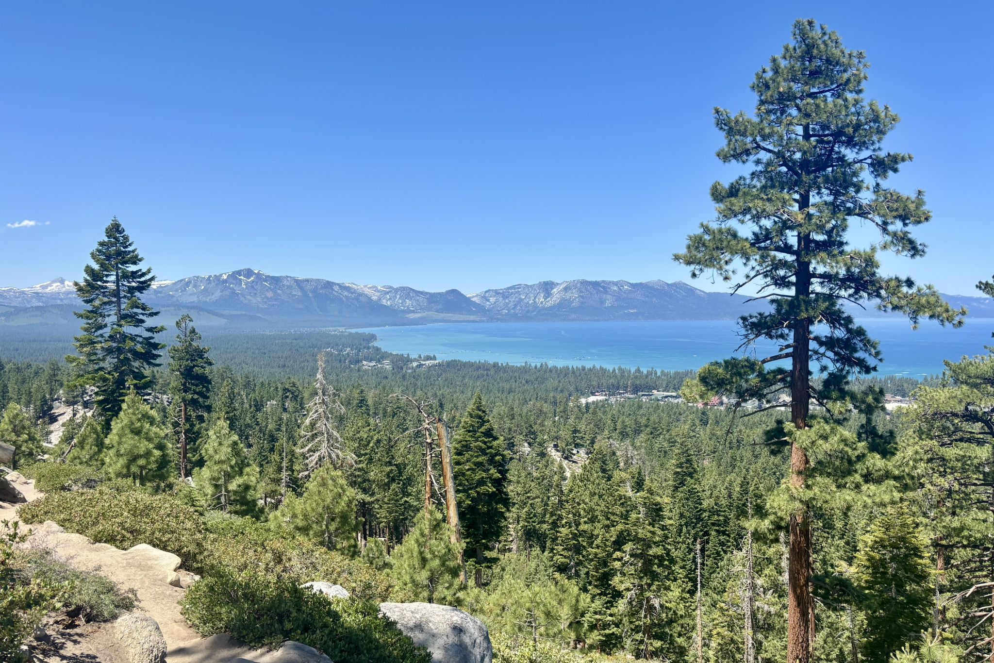 Expansive view of a blue lake, green forest, and distant mountains under a clear sky. - Star Lake and Tahoe Rim Trail Loop