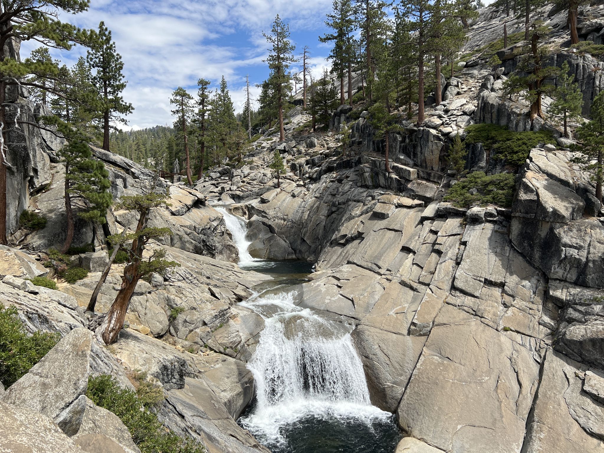 Multiple waterfalls cascade over smooth rocks in a sunny, forested canyon. - Yosemite Falls Trail