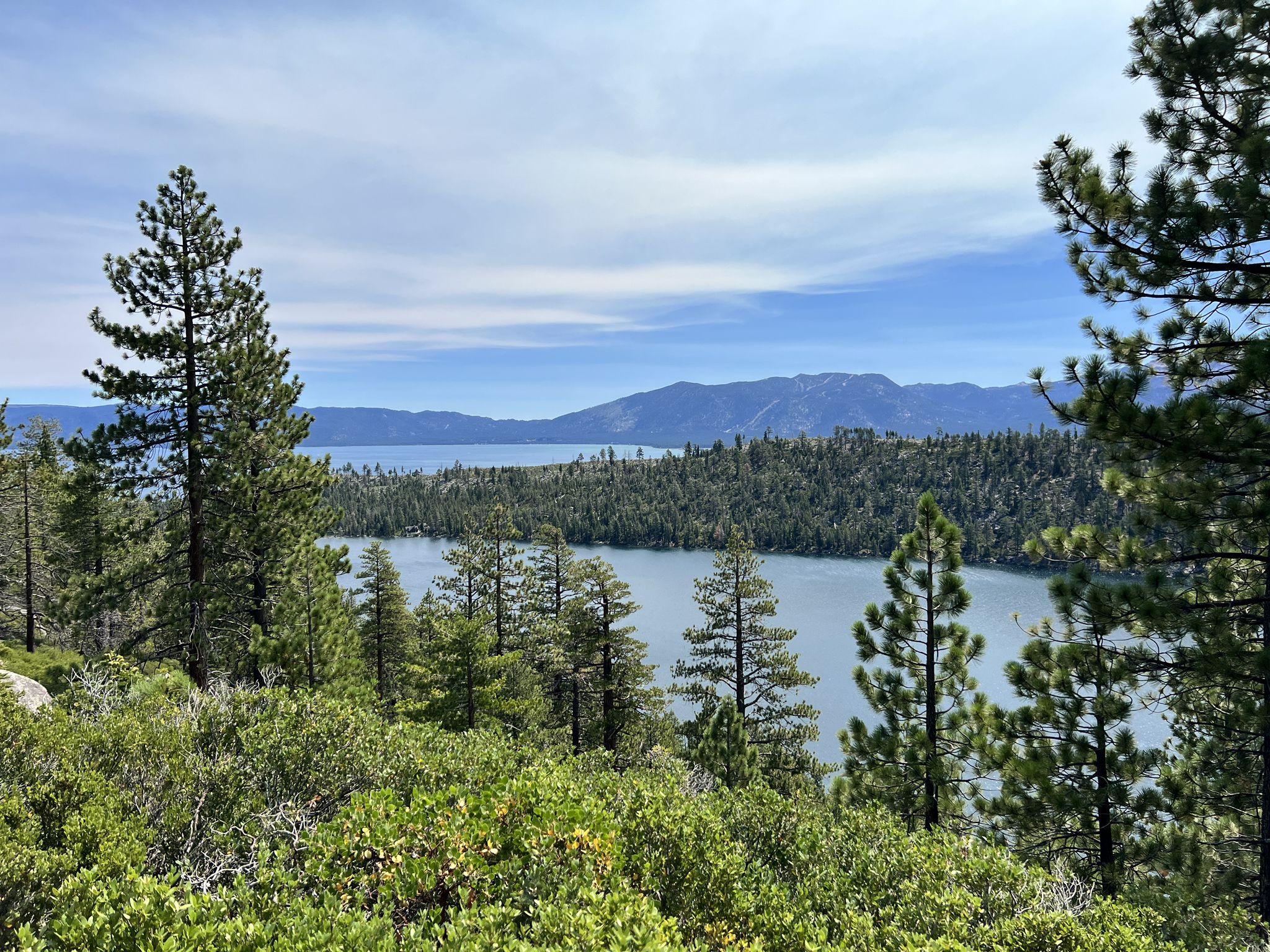 Scenic lake view through pine trees and green bushes under a bright sky. - Cascade Falls Trail