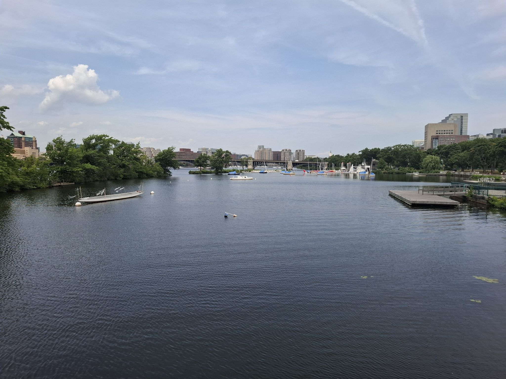 A wide river with boats and docks, framed by trees and a distant city skyline. - Hatch Memorial Shell – Storrow Lagoon loop from South Station