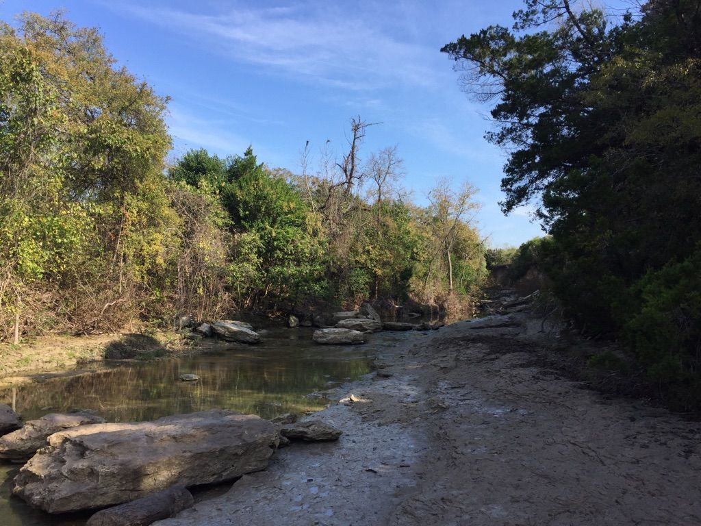 A rocky riverbed with shallow water, surrounded by lush green trees under a bright sky. - Walnut Creek Metro Park MTB Loop