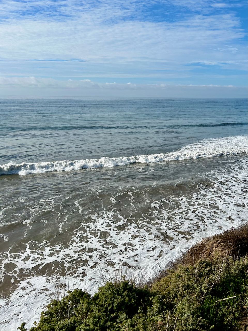 Overhead view of foamy ocean waves breaking near a vegetated cliff. - Ellwood Beach Campfire Spot – Elwood Forest Park loop from North Campus Open Space