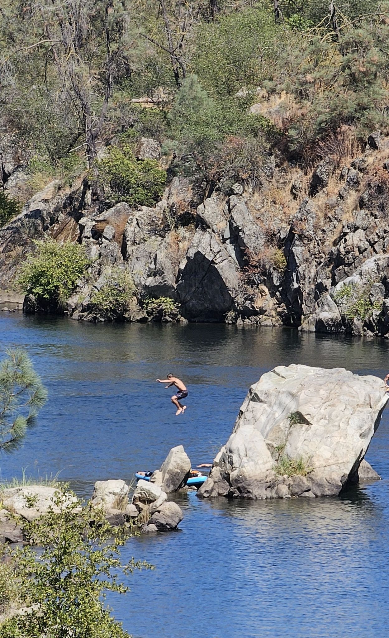 Person jumping into a clear blue river with rocky banks and green foliage. - Johnny Cash and American River Trail Loop