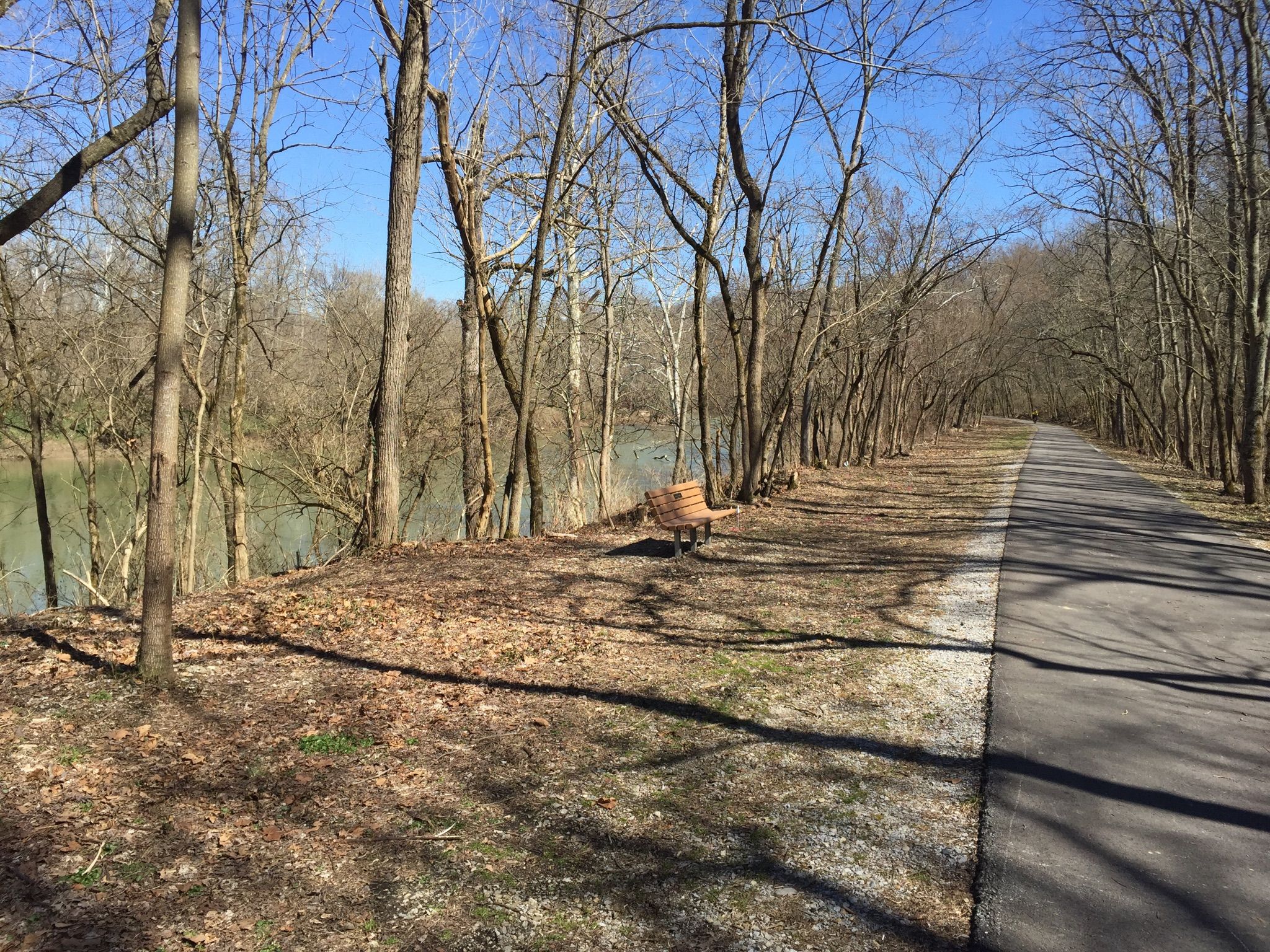 Paved path and wooden bench next to a river with bare trees. - Little Miami Scenic Trail – Signal of Little Miami River Railroad loop from Foster
