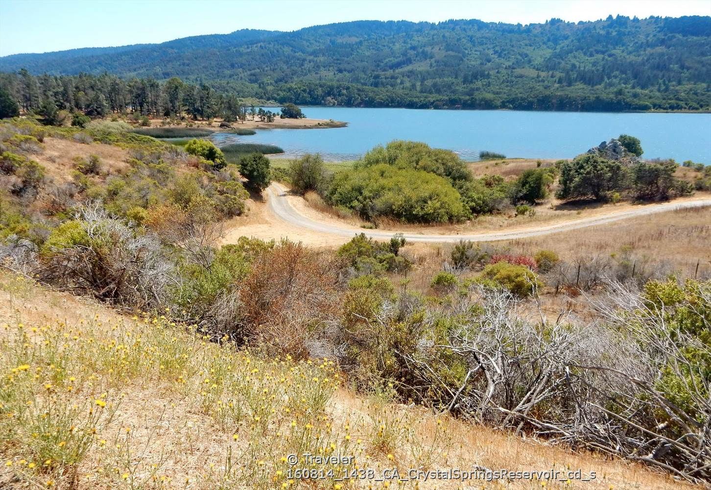 Sunny view of a lake, hills, and a winding dirt road. - Old La Honda & Kings Mountain loop from Palo Alto