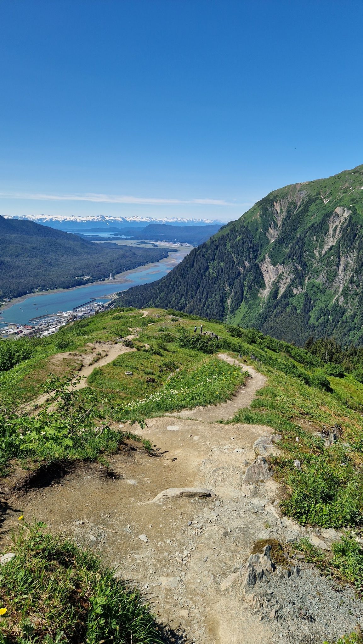 Mountain trail overlooking a river valley and distant snow-capped peaks under clear sky. - Goldbelt Tram to Gastineau Peak
