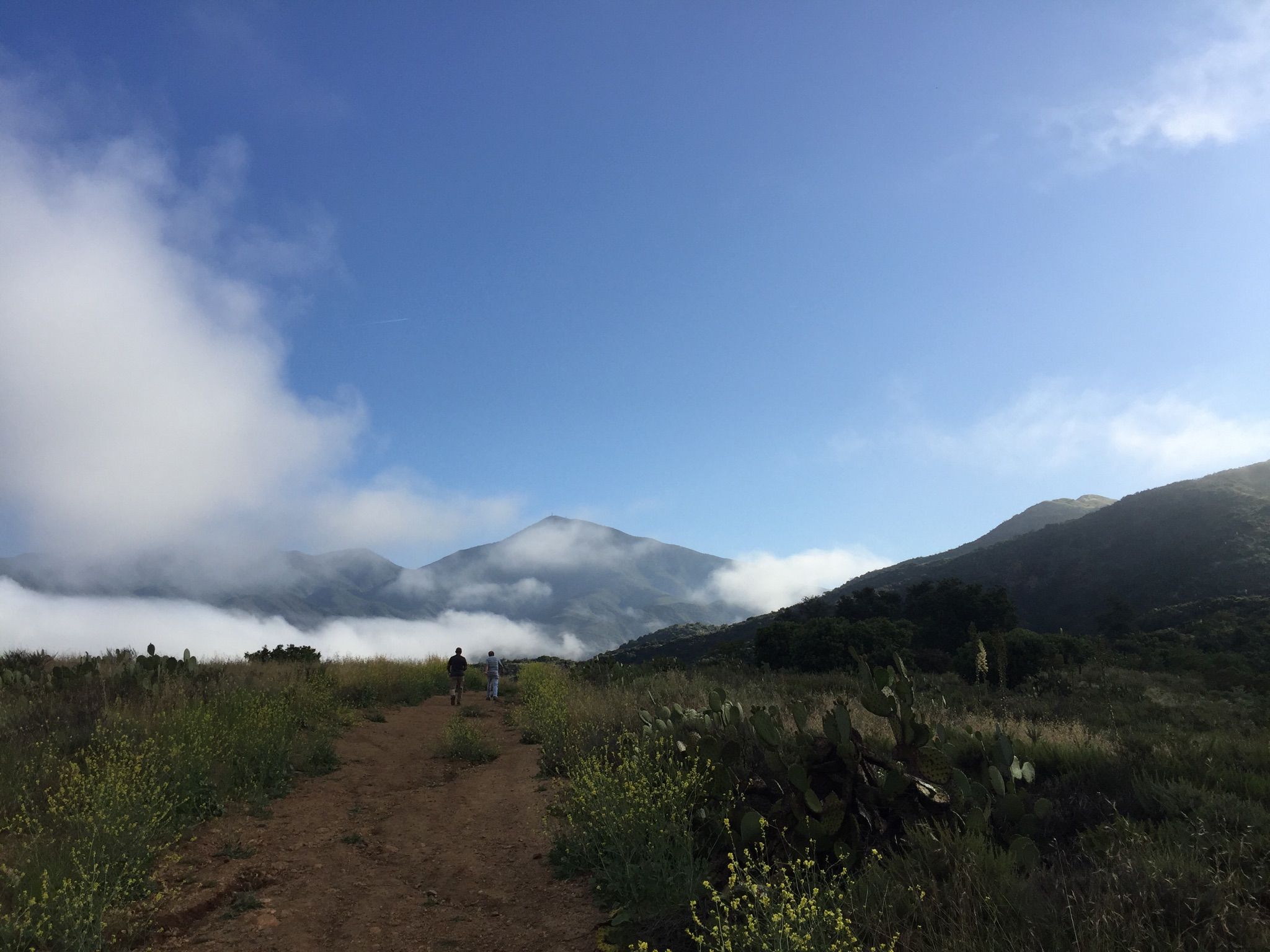 Person on a dirt path towards cloud-covered mountains under a bright sky. - Bell View Trail Loop