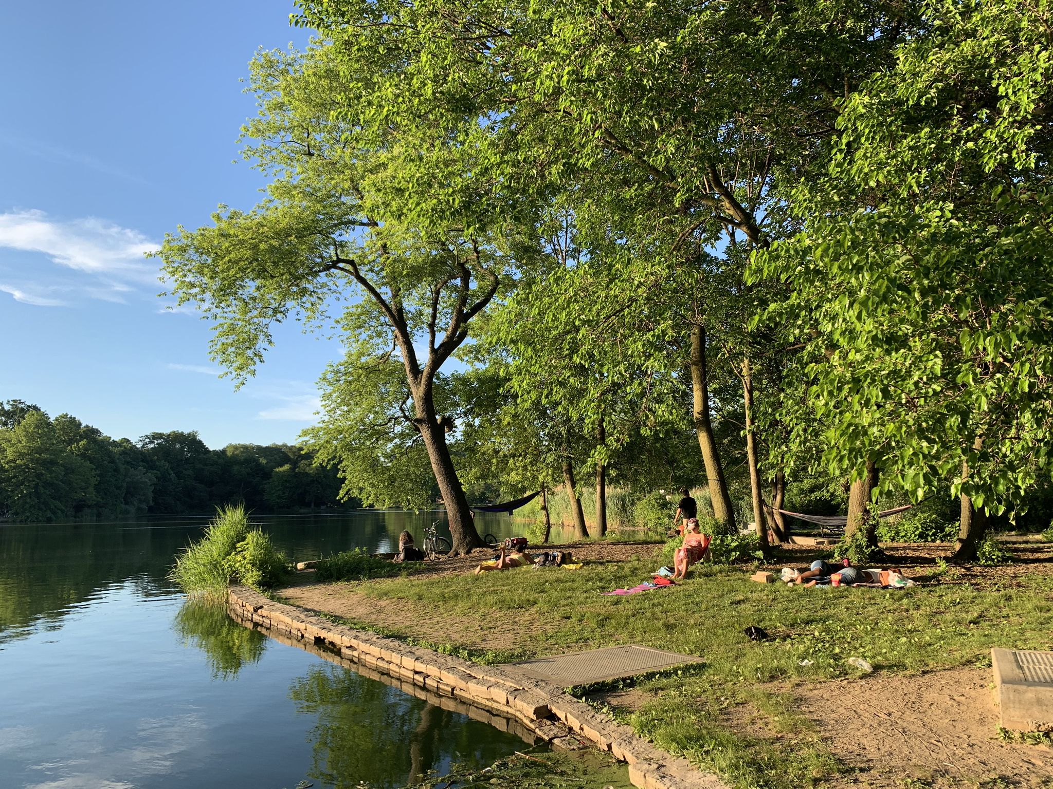 People relaxing by a lake under large green trees on a sunny afternoon. - Prospect Park Lake – Prospect Park West Drive loop from 15th Street–Prospect Park