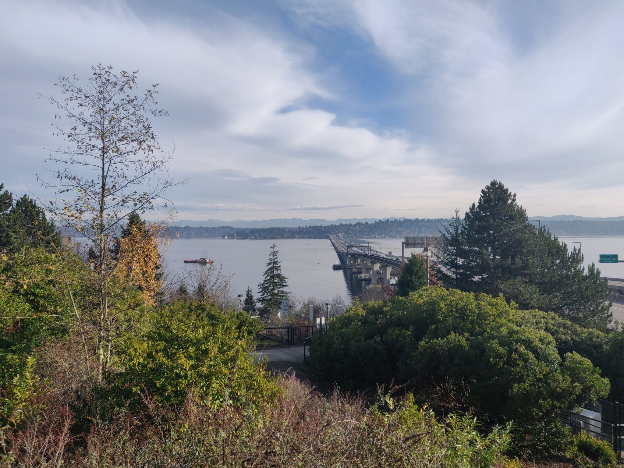 Elevated view of a long bridge over water, surrounded by trees under cloudy skies. - Lake Washington Loop