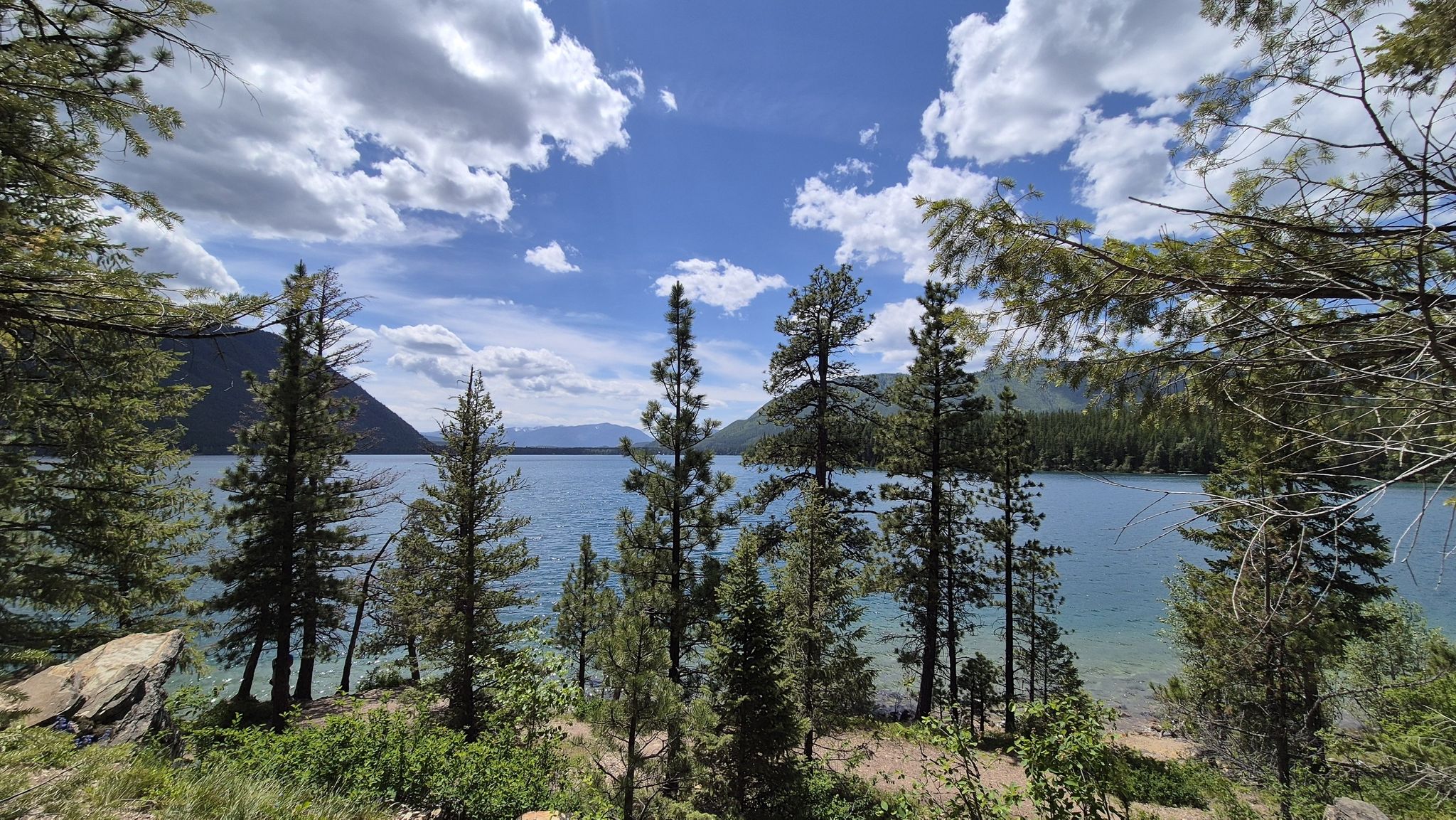 Bright day over a blue lake, framed by green pine trees and distant mountains. - Rocky Point Trail