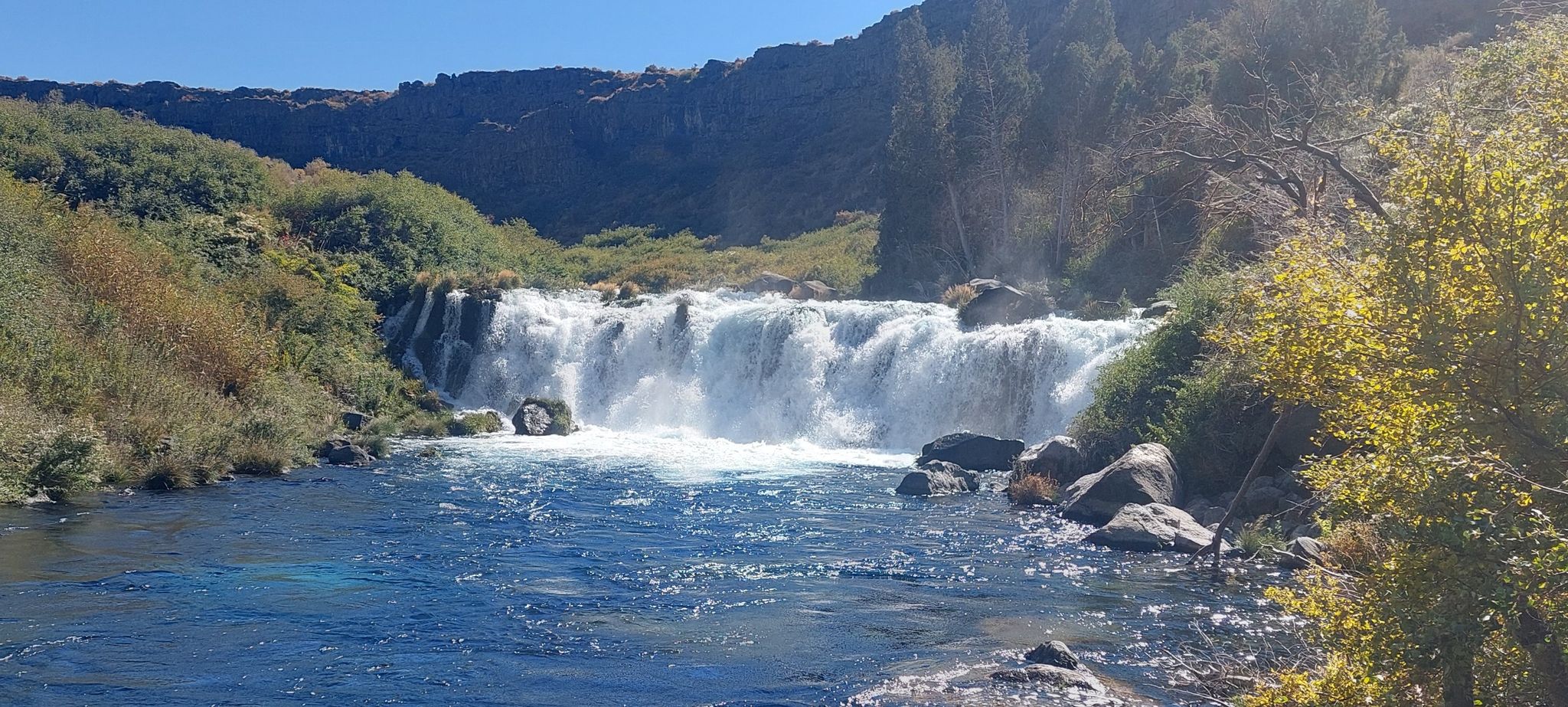 Wide waterfall cascading into a river, surrounded by green and yellow foliage. - Box Canyon Waterfall – Box Canyon Springs loop from Box Canyon Springs Preserve