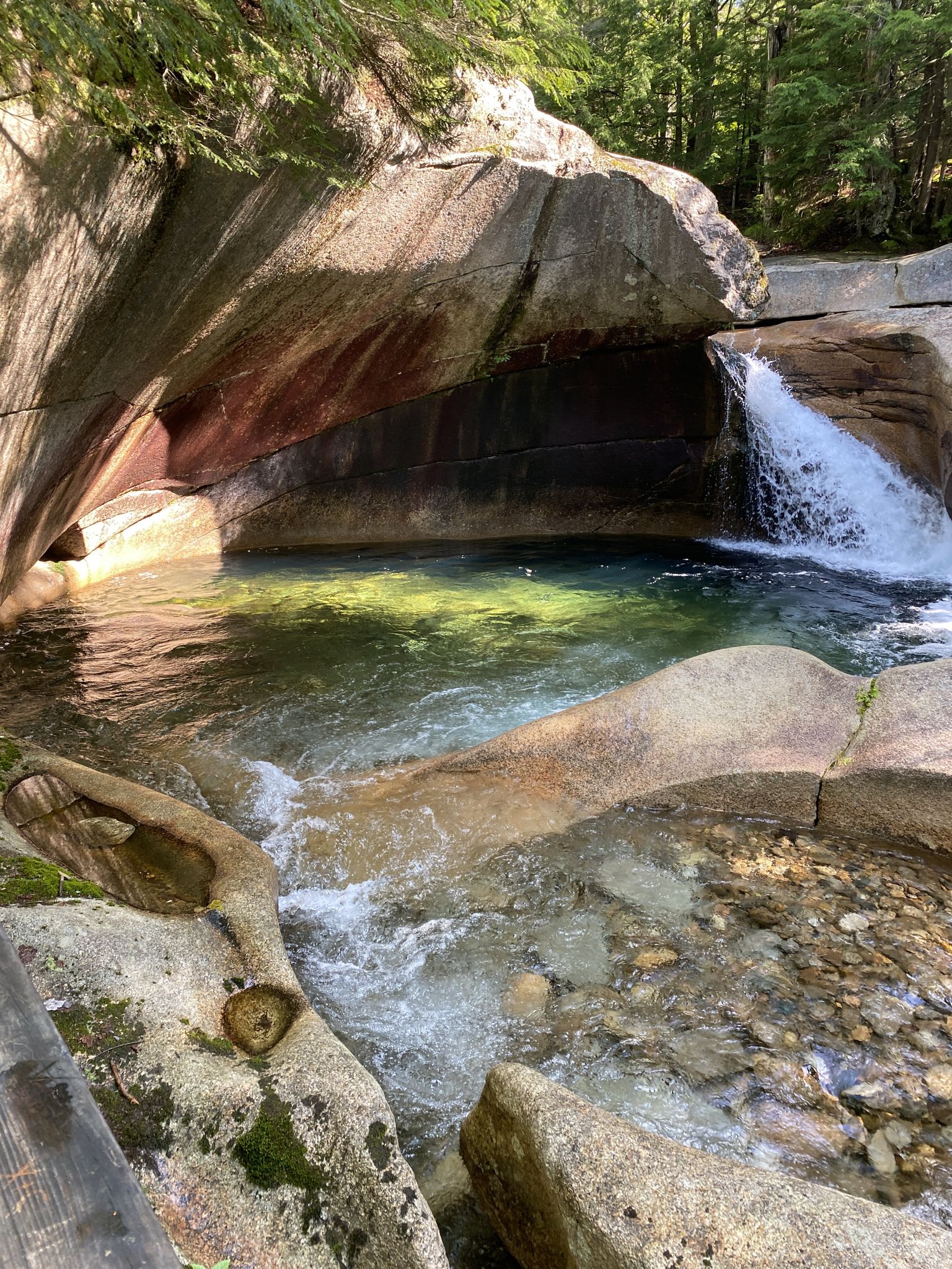 A clear green pool and small waterfall among sunlit rock formations. - The Basin (Pemigewasset River) – Franconia Notch Bike Trail loop from Lincoln
