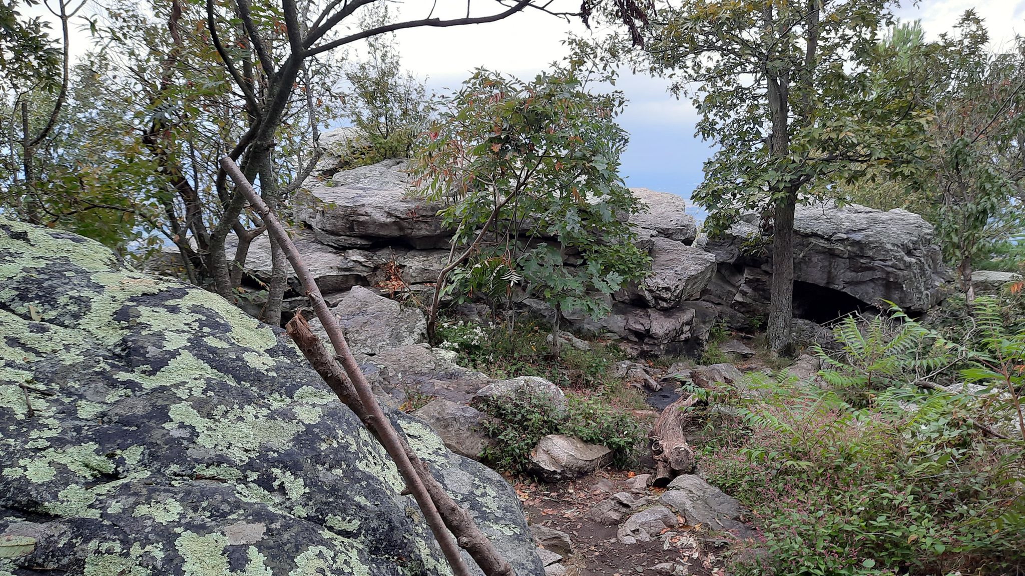 Large mossy boulders and trees on a rocky hillside under a cloudy sky. - Pogo Memorial Campsite – View from Black Rock Cliff loop from South Mountain State Park