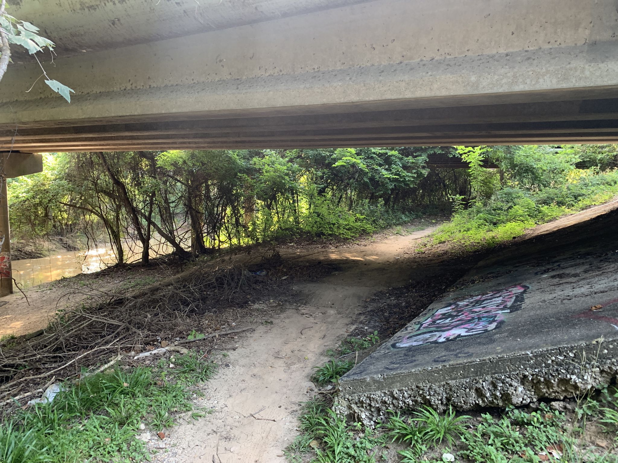 A dirt path leads under a concrete bridge with graffiti, beside a muddy river. - Spectacular View of the Reservoir – View of Barker Lake loop from Bunker Hill Village