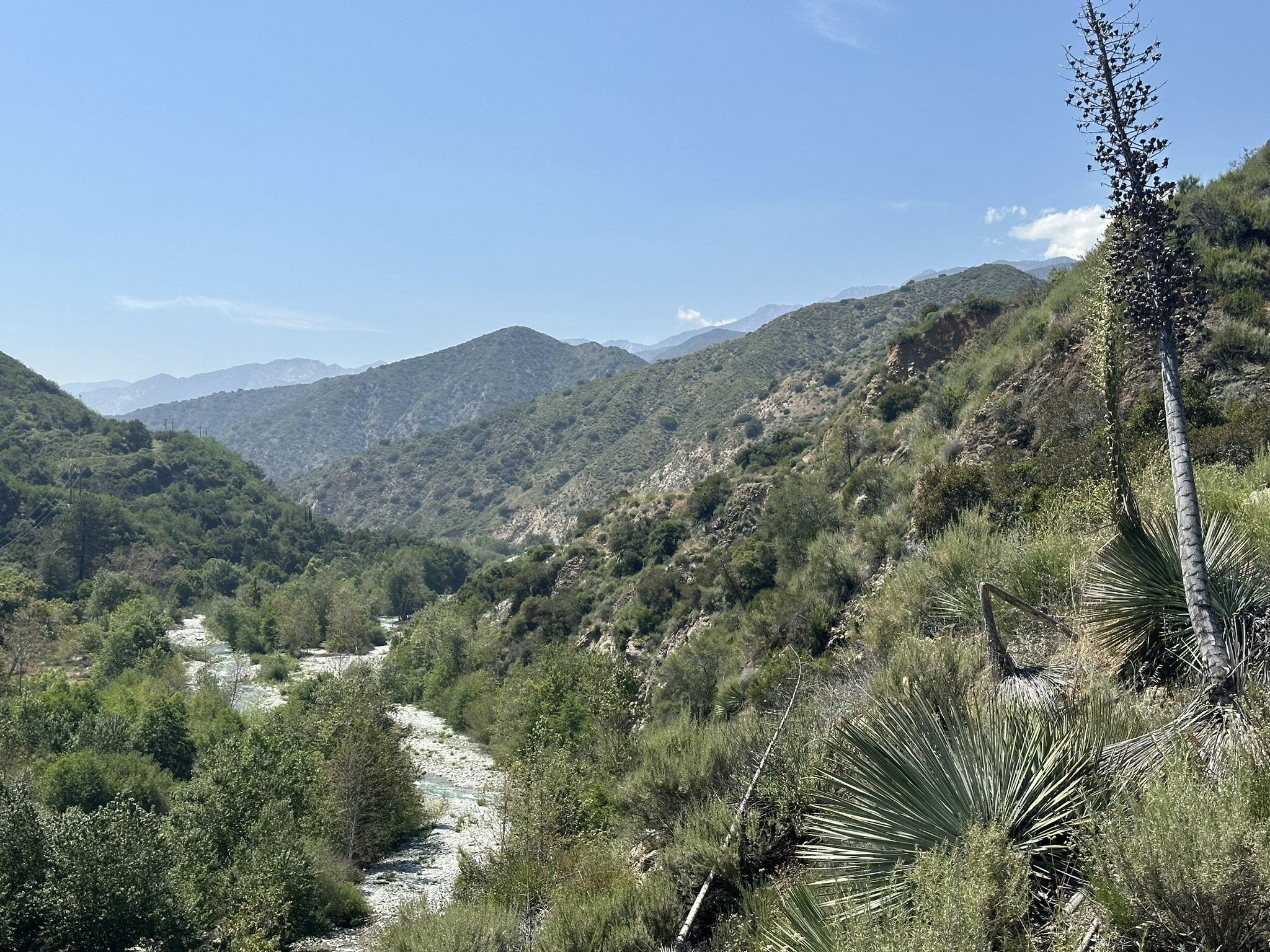 Bright valley with a rocky riverbed winding through green, rugged mountains. - Upper Bear Creek Trailhead – Crystal Lake Recreation Area loop from Bridge To Nowhere Trailhead Parking Lot