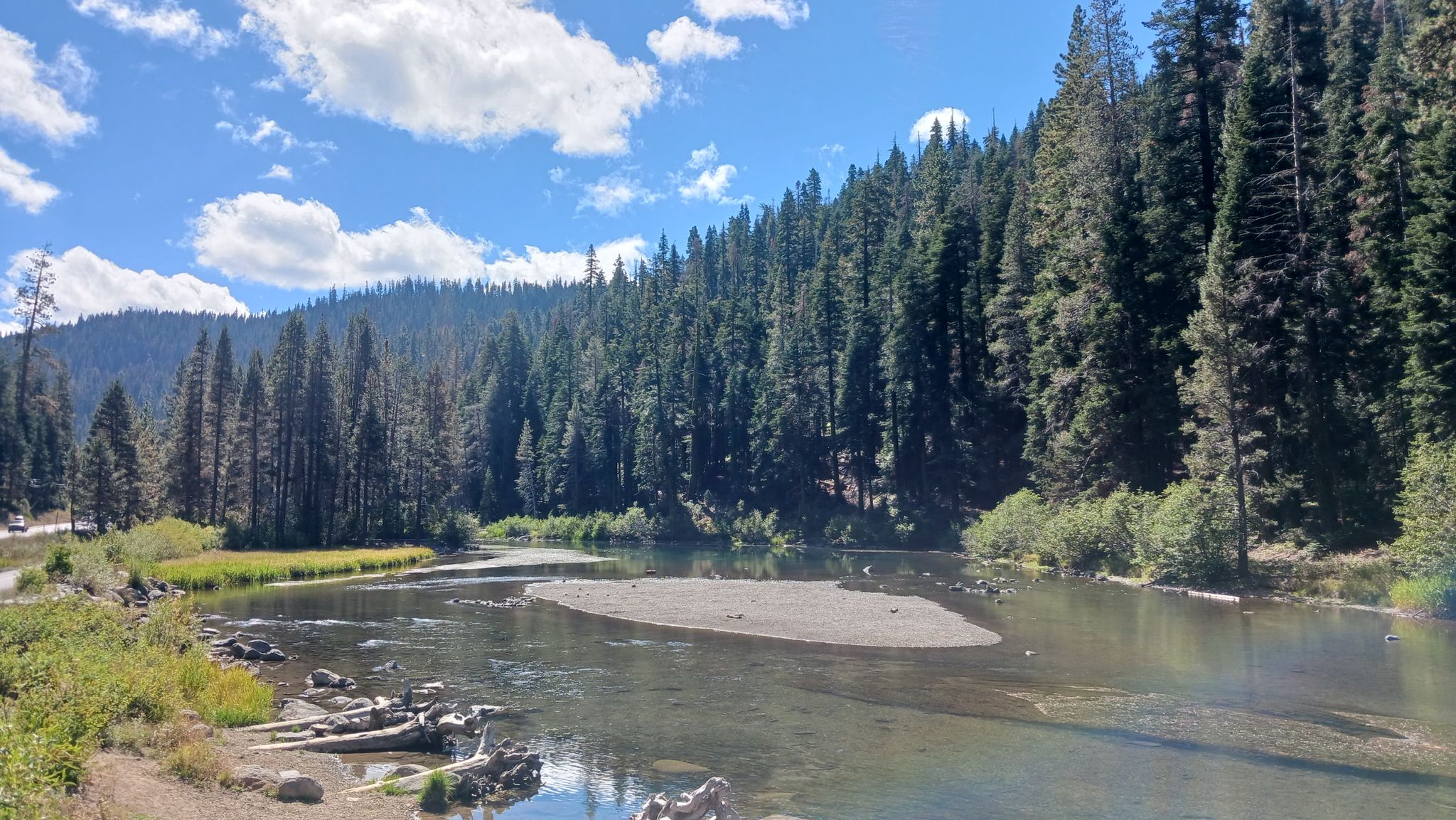 Serene river with a sandbar, bordered by a dense pine forest. - Truckee Downtown – Tahoe City loop from Glacier Way Parking