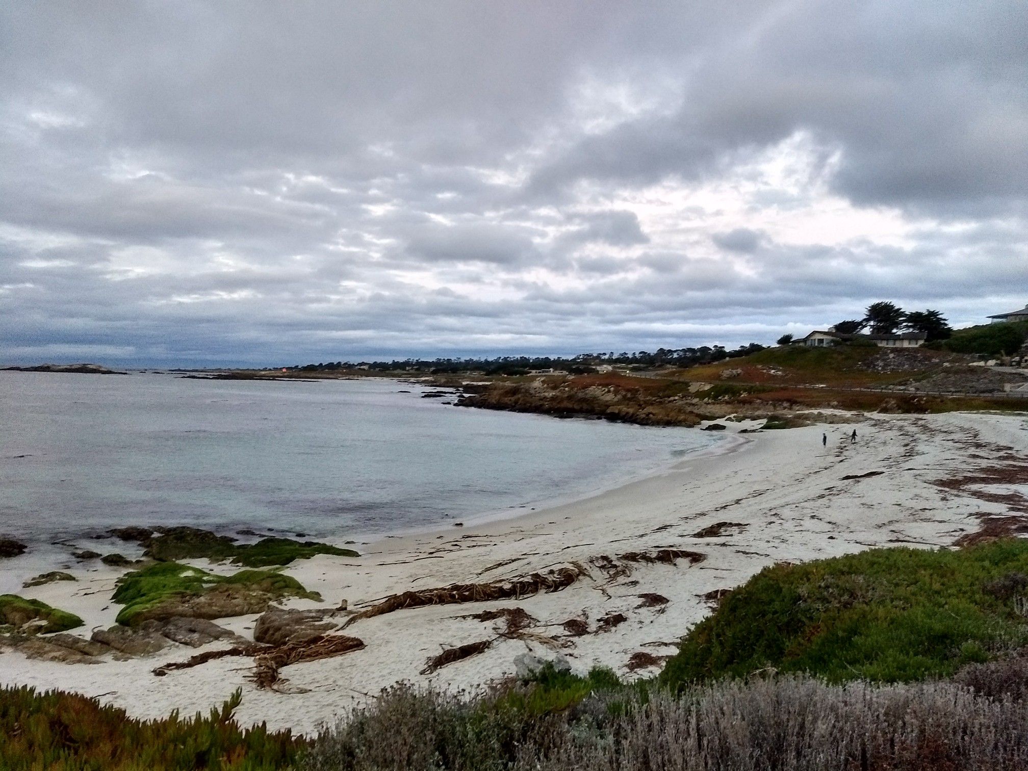 Overcast sky above a sandy beach with calm ocean and distant figures. - Monterey Bay Coastal Trail and 17-Mile Drive Loop