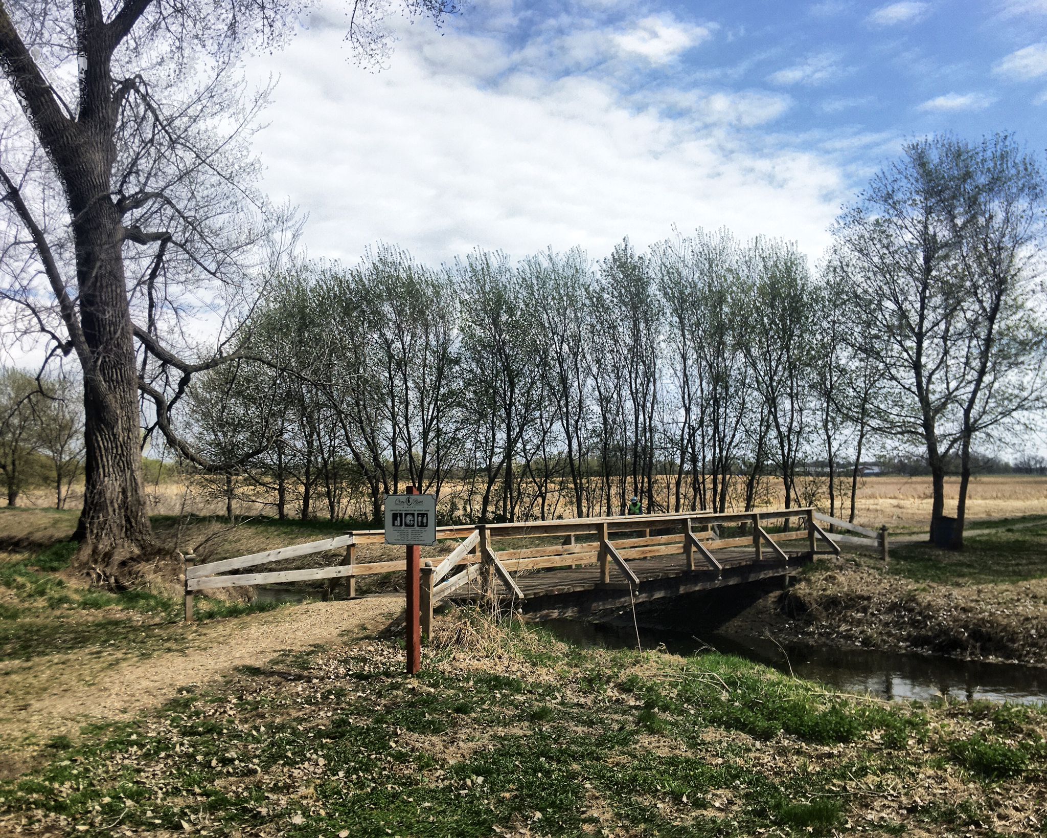 Wooden bridge over a small stream, surrounded by bare trees. - Small Bridge – Paved Luce Line Trail loop from Silver Lake