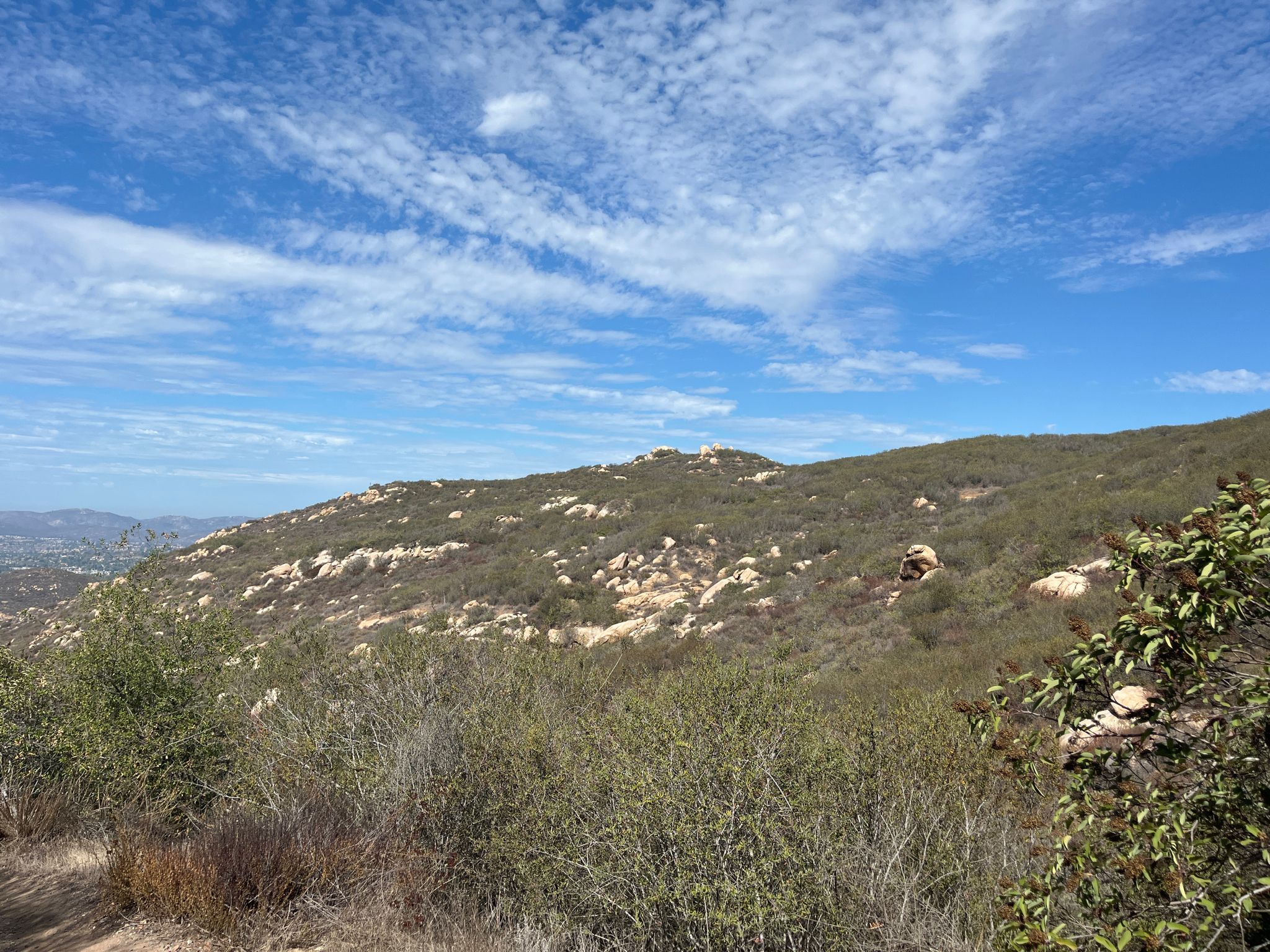 Rolling hills covered in green and brown scrub under a partly cloudy sky. - Mount Woodson Trail