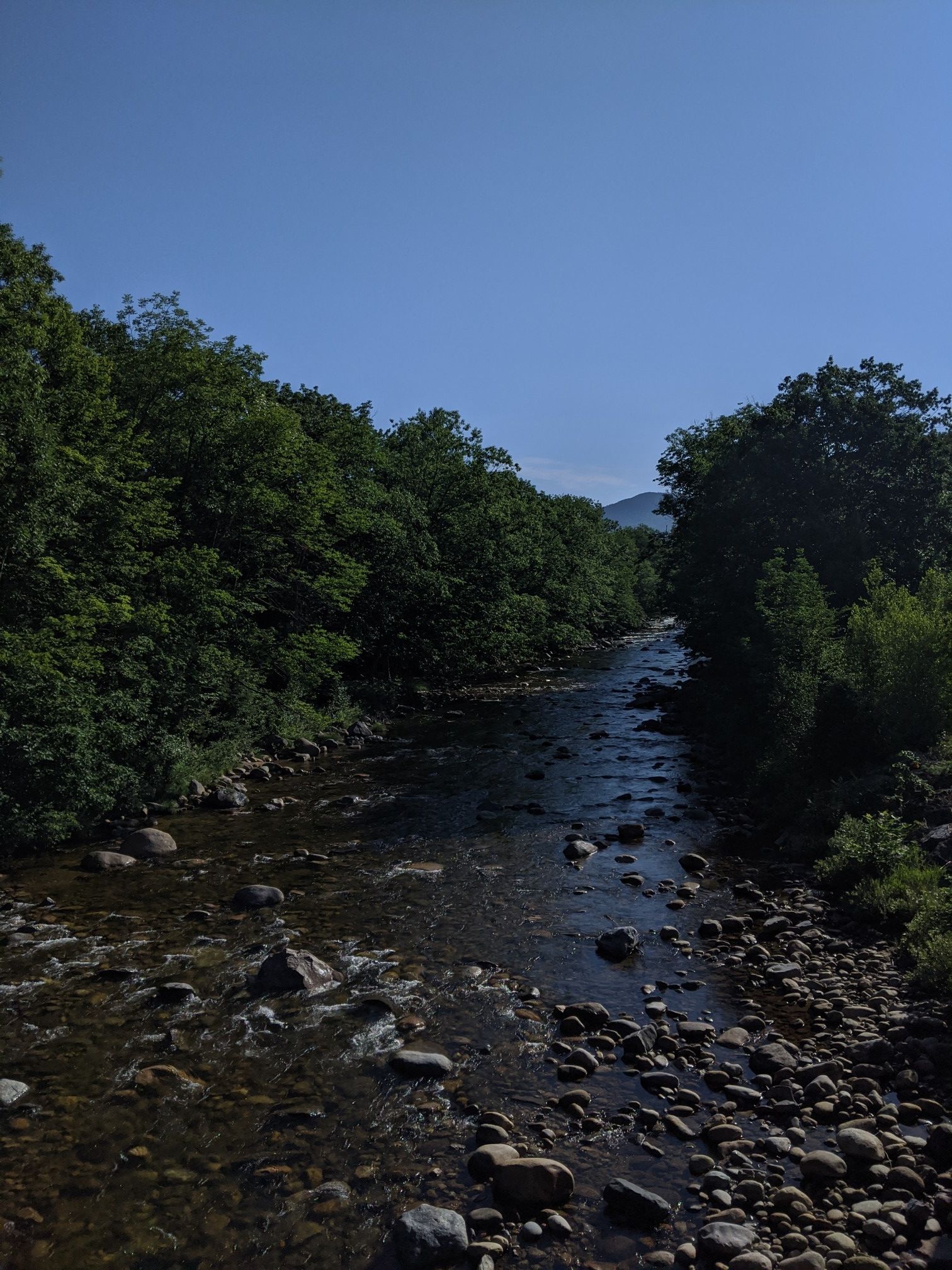 Clear river with rocky bed flowing between dense green forest under blue sky. - Waterville Valley and Waterville Valley Road loop gravel